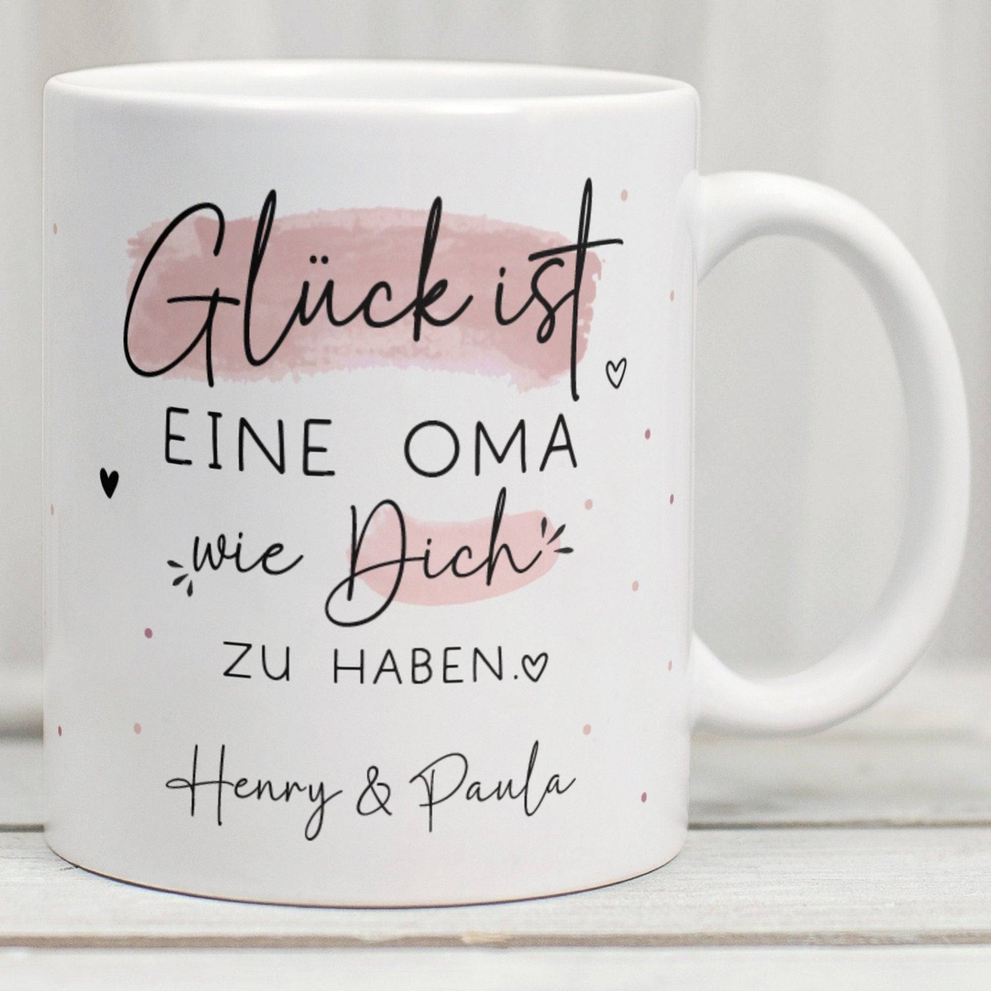 Handgefertigte Personalisierte Tasse – Glück ist eine OMA wie dich zu haben - Geschenk zum Muttertag Geburtstag, Ostern, Weihnachten - Name  kleinebuchstaben Oma - Weiß  