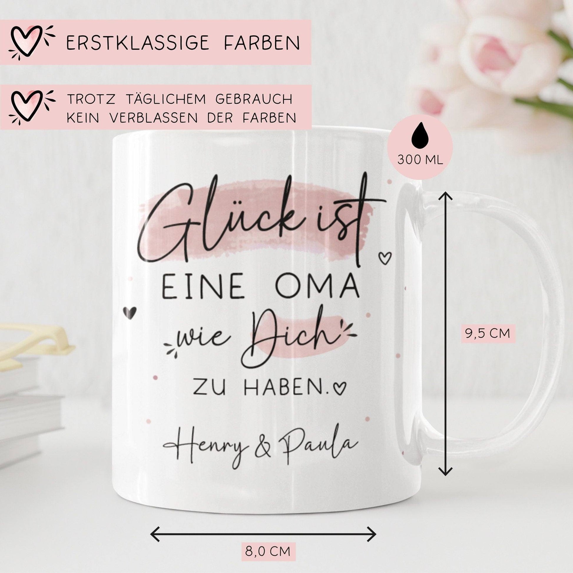 Handgefertigte Personalisierte Tasse – Glück ist eine OMA wie dich zu haben - Geschenk zum Muttertag Geburtstag, Ostern, Weihnachten - Name  kleinebuchstaben   