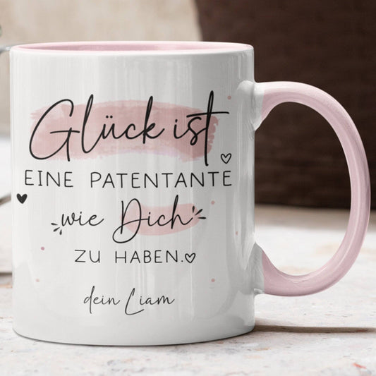 Handgefertigte Personalisierte Tasse – Glück ist eine PATENTANTE wie dich zu haben - Geschenk zum Muttertag Geburtstag, Ostern, Weihnachten  kleinebuchstaben Patentante - Rosa  