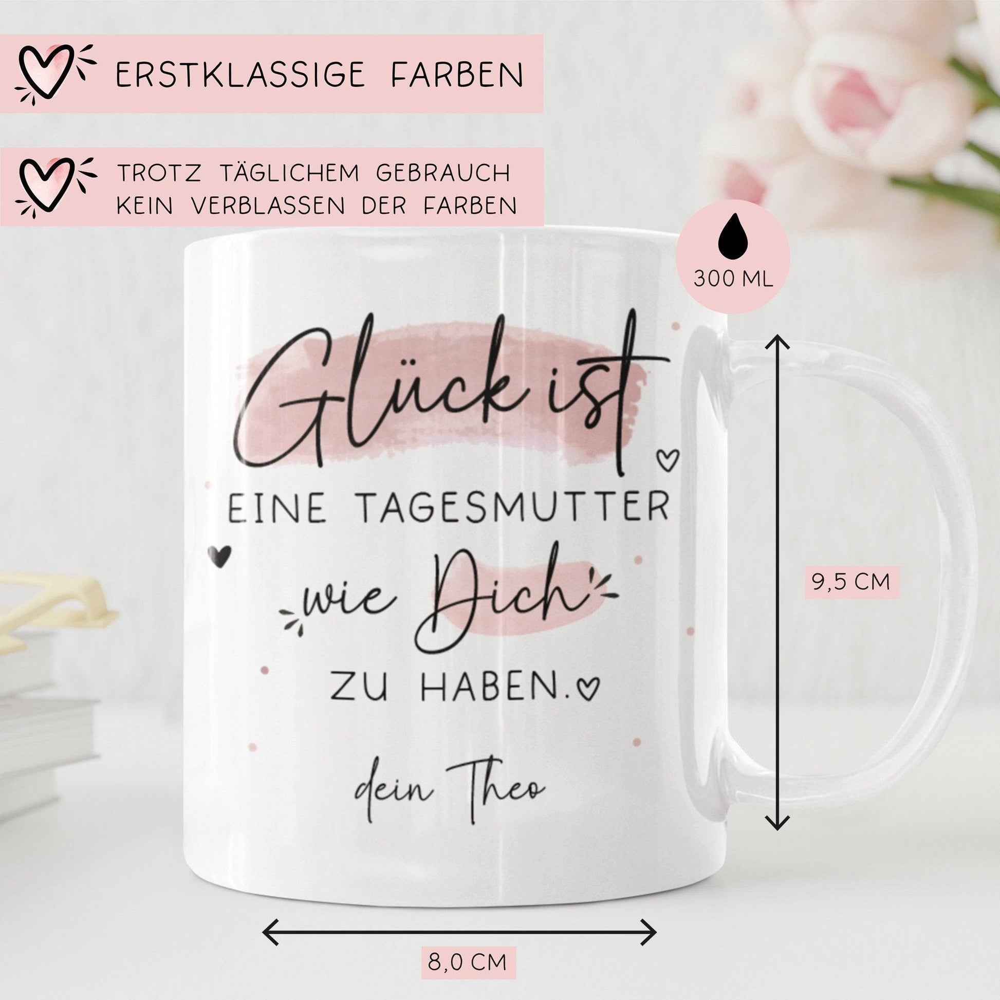 Handgefertigte Personalisierte Tasse mit Wunschnamen – Glück ist eine TAGESMUTTER wie dich zu haben - Geschenk zu Ostern, Weihnachten - Name  kleinebuchstaben   