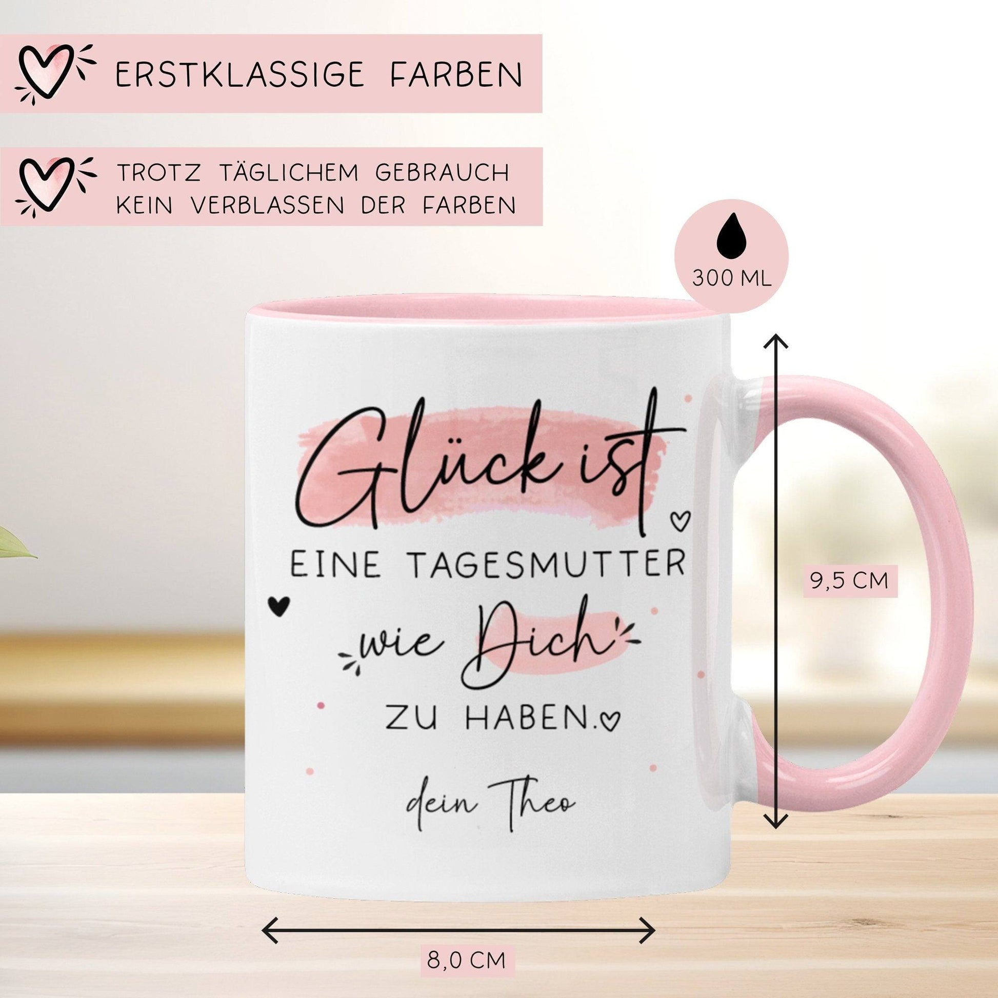 Handgefertigte Personalisierte Tasse mit Wunschnamen – Glück ist eine TAGESMUTTER wie dich zu haben - Geschenk zu Ostern, Weihnachten - Name  kleinebuchstaben   