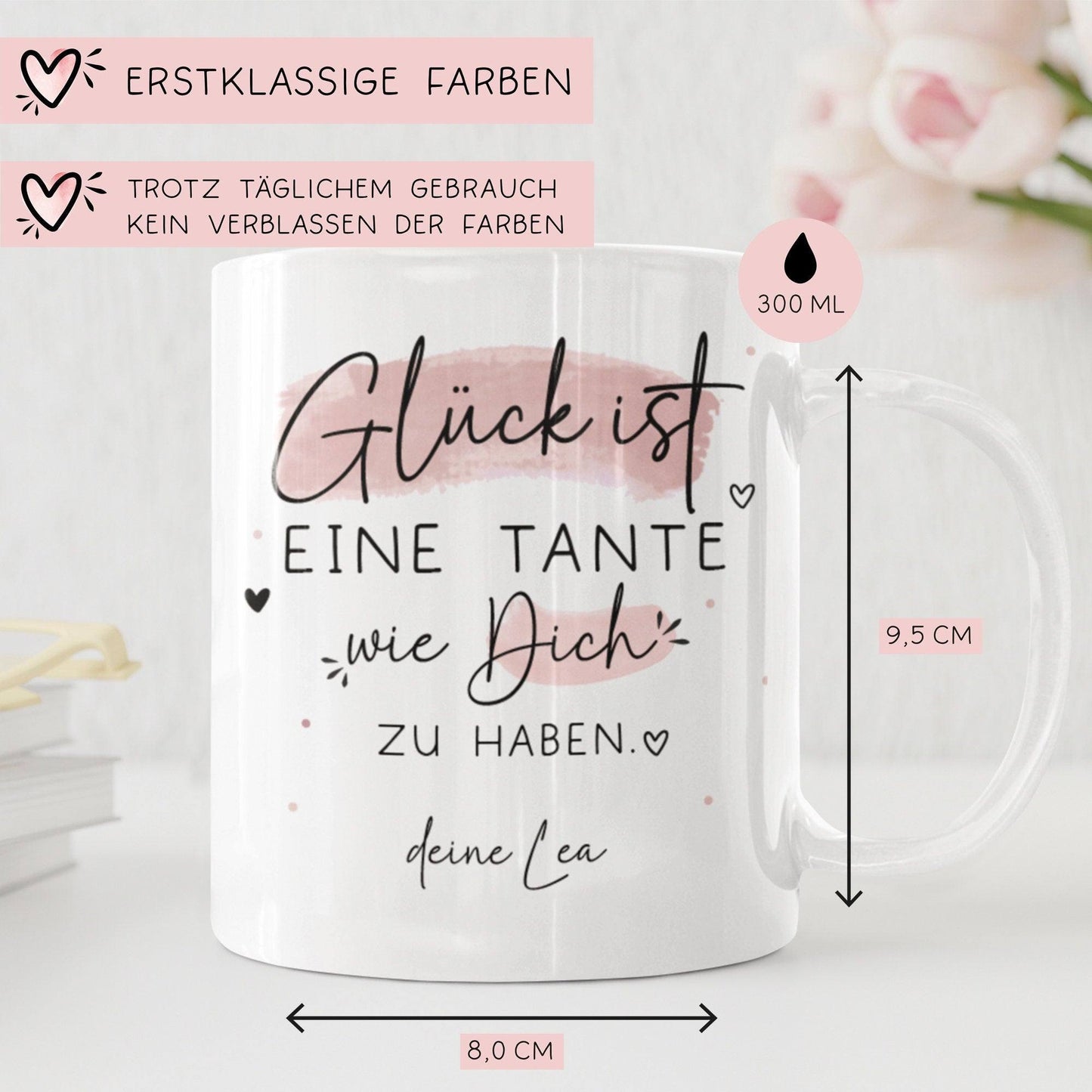 Handgefertigte Personalisierte Tasse mit Wunschnamen – Glück ist eine TANTE wie dich zu haben - Geschenk zu Ostern, Weihnachten, Geburtstag  kleinebuchstaben   