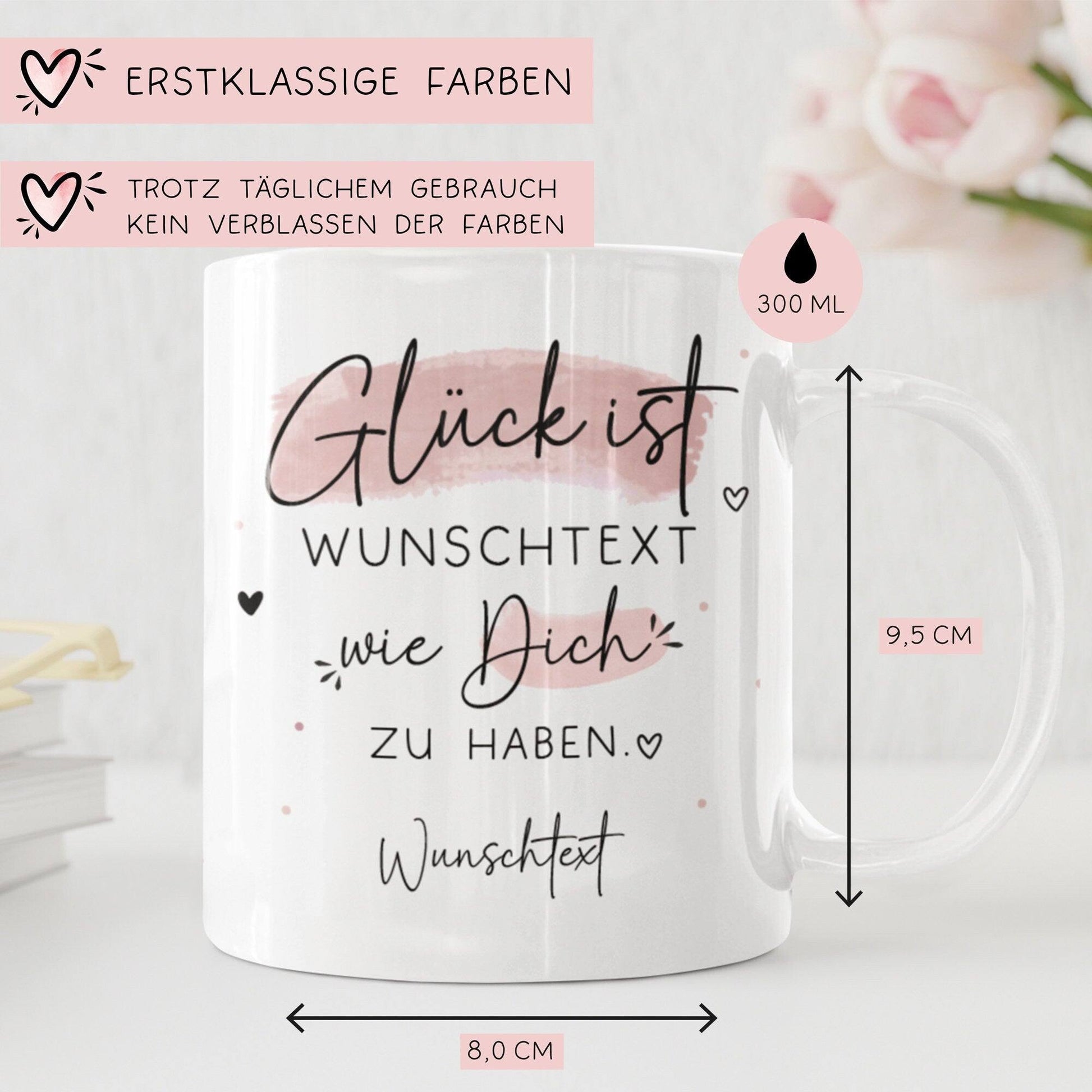 Handgefertigte Personalisierte "Glück ist..." - Tasse komplett mit Wunschtext und Wunschname. Zum Geburtstag, Muttertag, Ostern, Weihnachten  kleinebuchstaben   