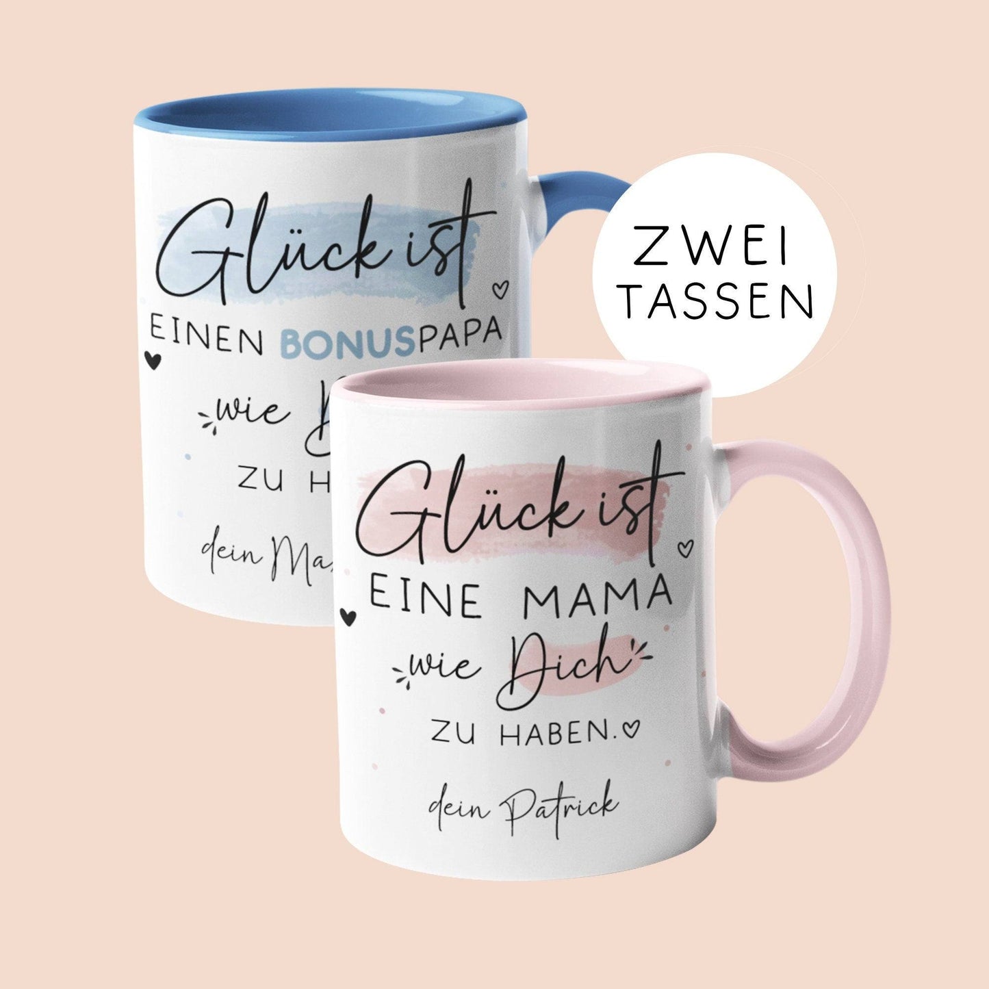 Tasse Bonusmama Muttertag personalisiert – Motiv: Glück ist eine BONUSMAMA wie dich zu haben - Geschenk zum Geburtstag, Ostern, Weihnachten  kleinebuchstaben Bonuspapa + Mama  