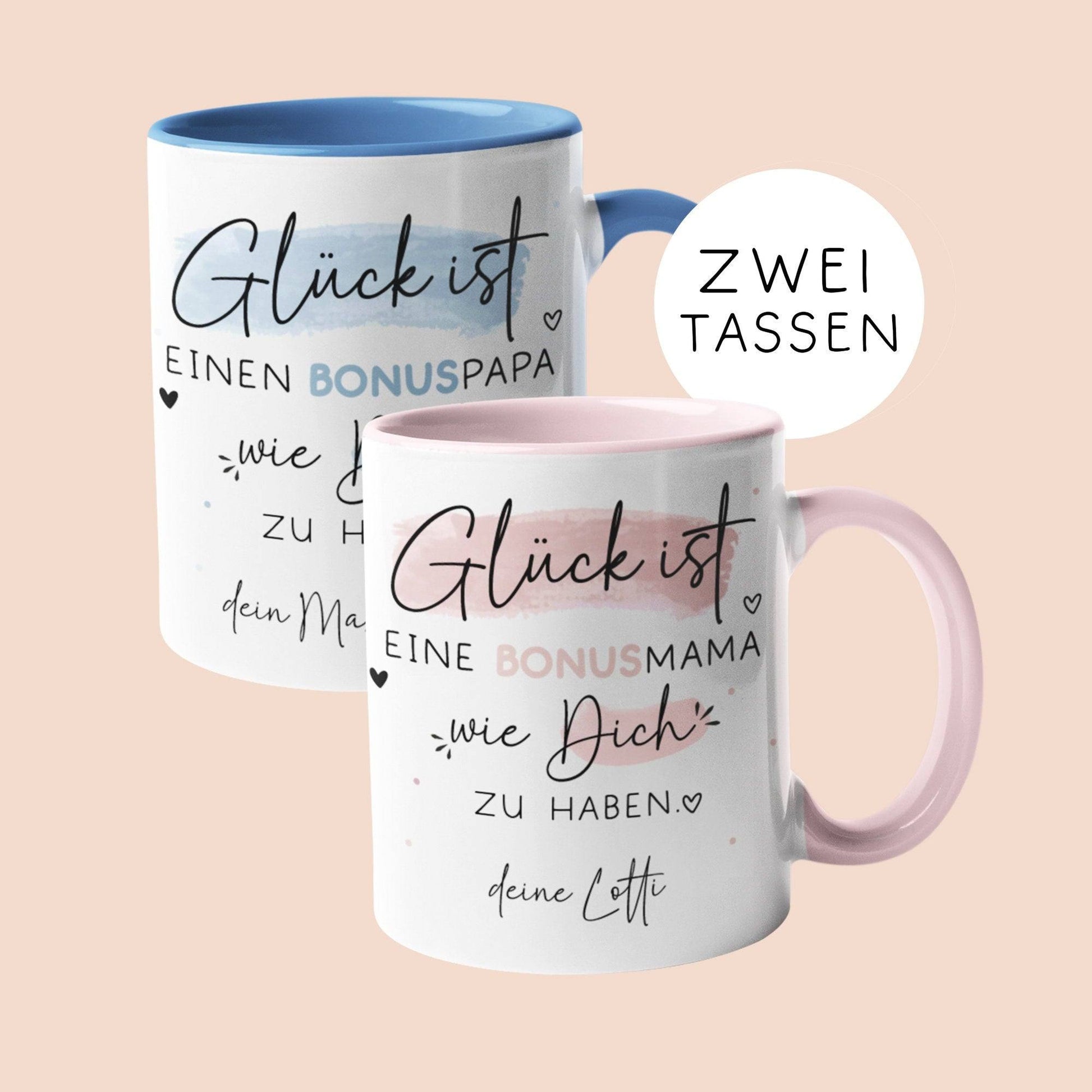 Muttertag Tasse Personalisiert– Glück ist eine MAMA wie dich zu haben - Geschenk zum Muttertag, Geburtstag, Ostern, oder Weihnachten  kleinebuchstaben Bonuspapa+Bonusmama  