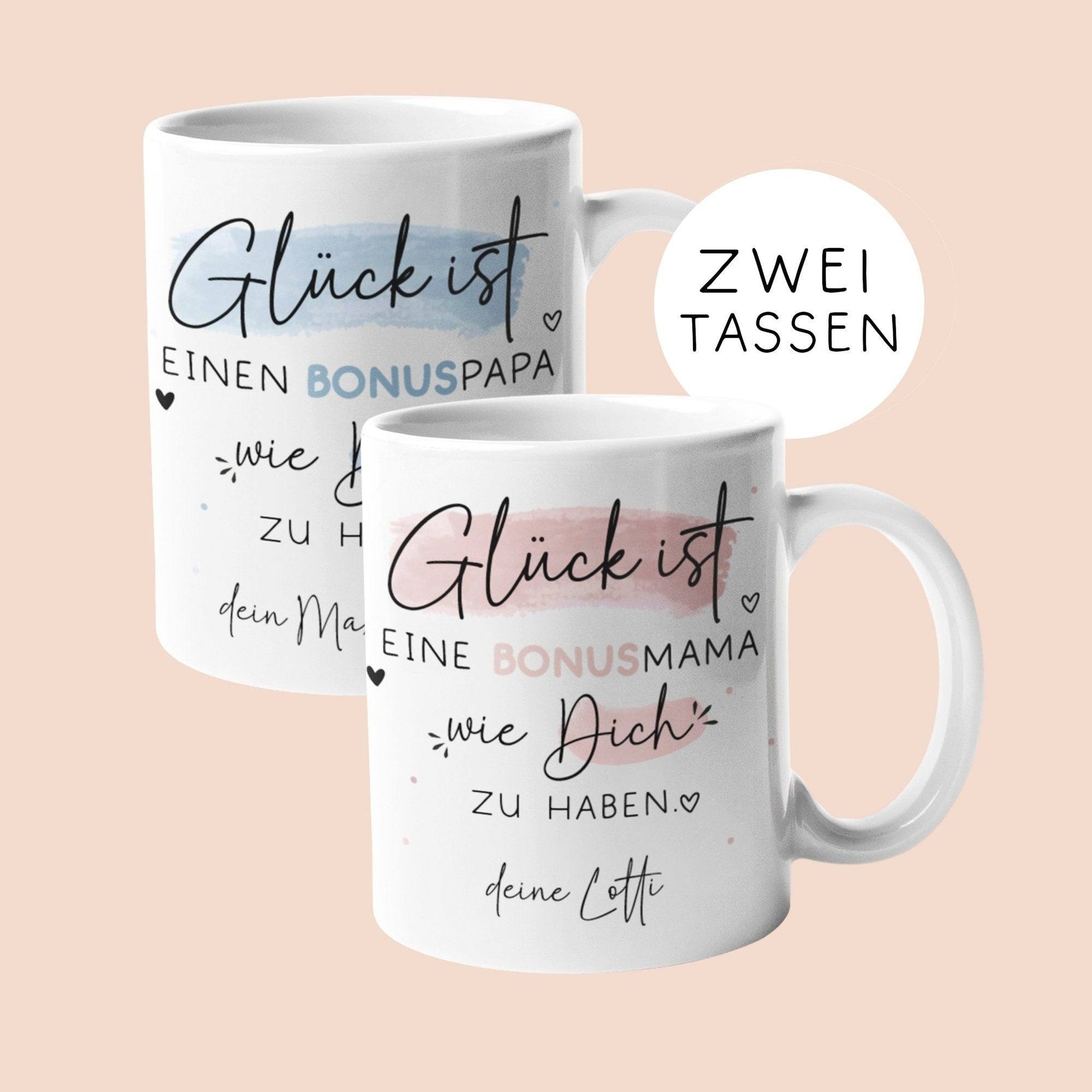 Personalisierte Tasse Bonuspapa zum Vatertag - Geburtstag - Kaffeetasse mit Wunschnamen. Geschenk, Vatertags Geschenk, Weihnachtsgeschenk  kleinebuchstaben Bonusmama+Bonuspapa  