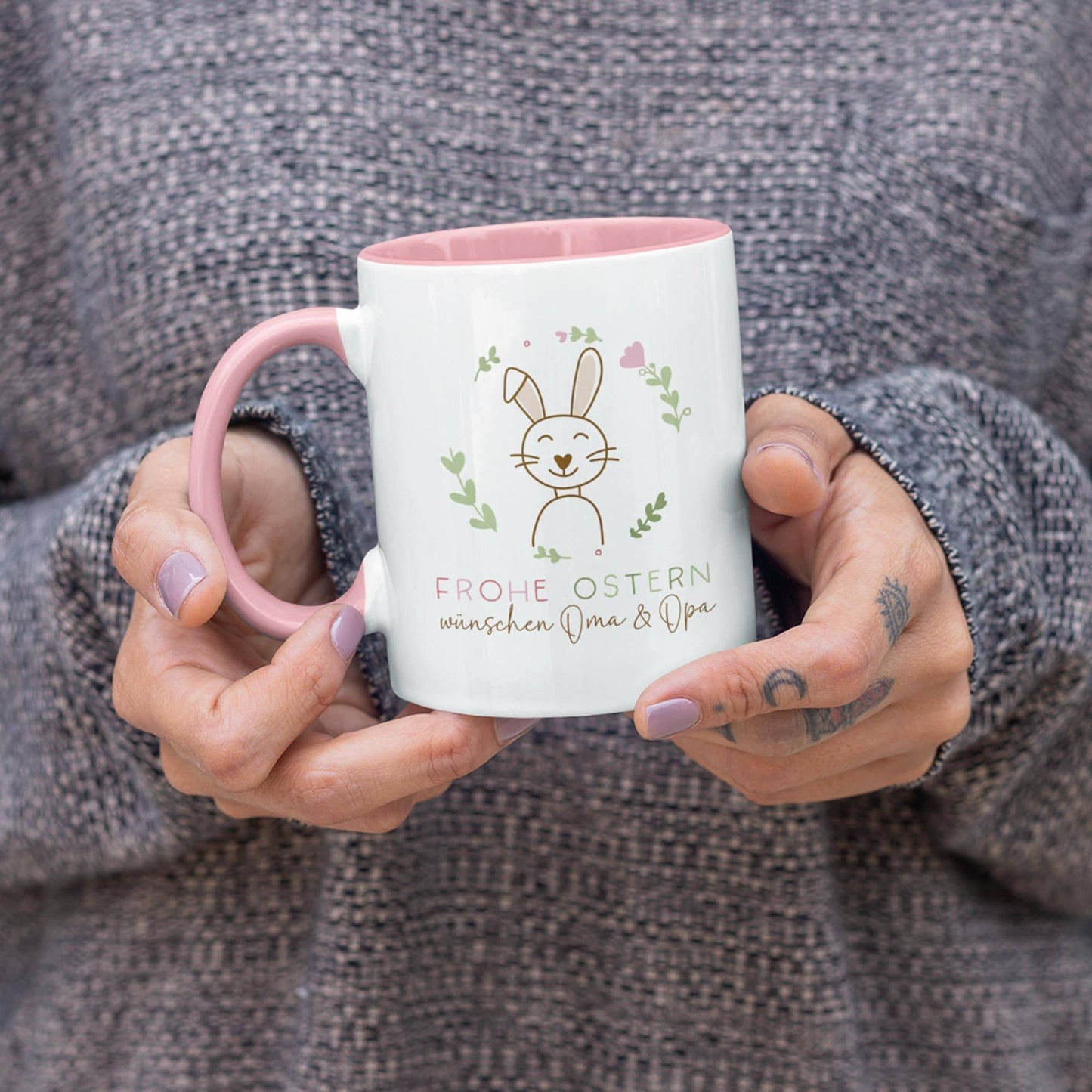 Ostertasse personalisiert - Motiv: "Frohe Ostern" mit Wunschnamen und Hasenmotiv - ideal als Osterüberraschung für Kinder, Männer & Frauen!  kleinebuchstaben   