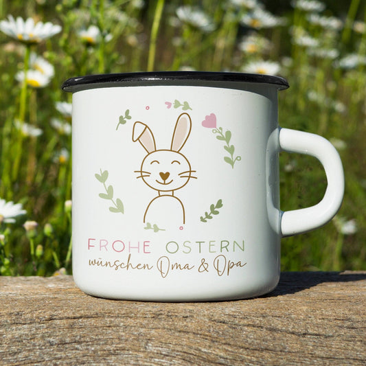 Osterbecher personalisiert mit Namen "Frohe Ostern" - Hase, Ostergeschenk für Kinder Männer Frauen Geschenkidee zu Ostern. Geschenk Emaille  kleinebuchstaben Emaille Schwarzer Rand  