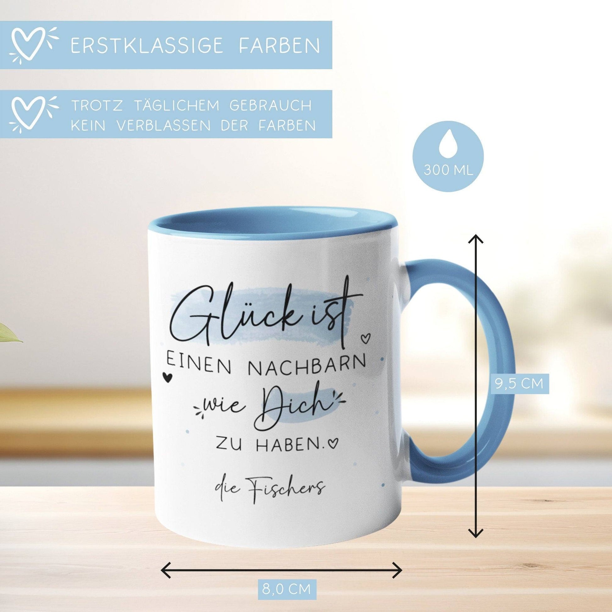 Personalisierte Tasse mit Spruch "Glück ist einen Nachbarn wie dich zu haben" zum Geburtstag, Geschenk, Ostern, Weihnachtsgeschenk, Abschied  kleinebuchstaben   