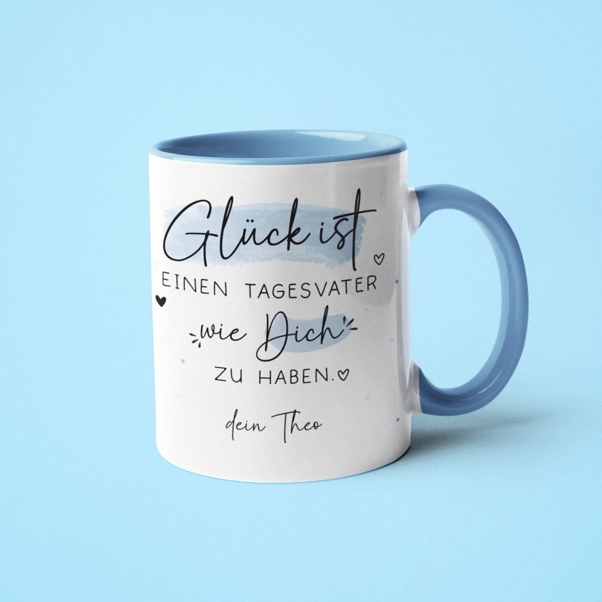 Personalisierte Tasse Tagesvater Name mit Spruch "Glück ist einen Tagesvater wie dich zu haben" zum Geburtstag, Geschenk, Ostern, Weihnachtsgeschenk  kleinebuchstaben   