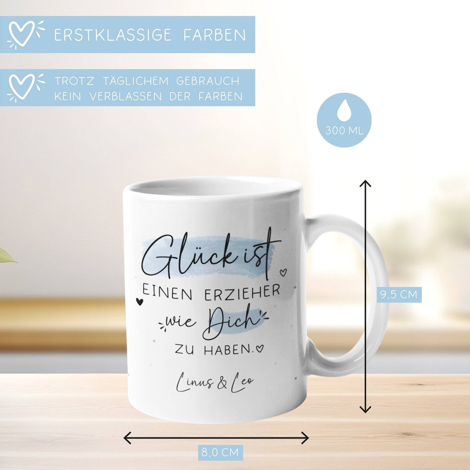 Personalisierte Tasse: "Glück ist einen Erzieher wie dich zu haben".Perfektes Geschenk zum Geburtstag, Ostern, Weihnachten oder zum Abschied  kleinebuchstaben   