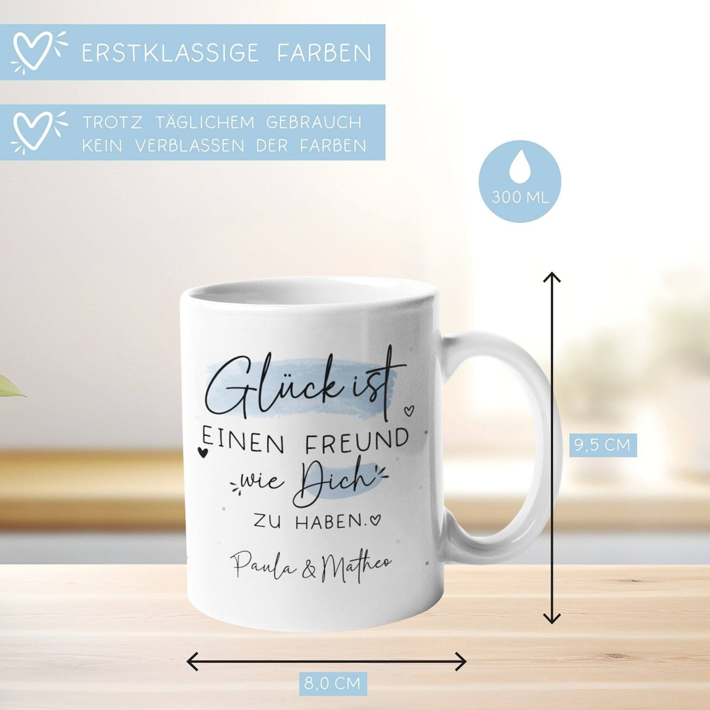 Personalisierte Tasse Freund Wunschname Name "Glück ist einen Freund wie dich zu haben". Perfektes Geschenk zum Geburtstag, zu Ostern oder Weihnachten.  kleinebuchstaben   