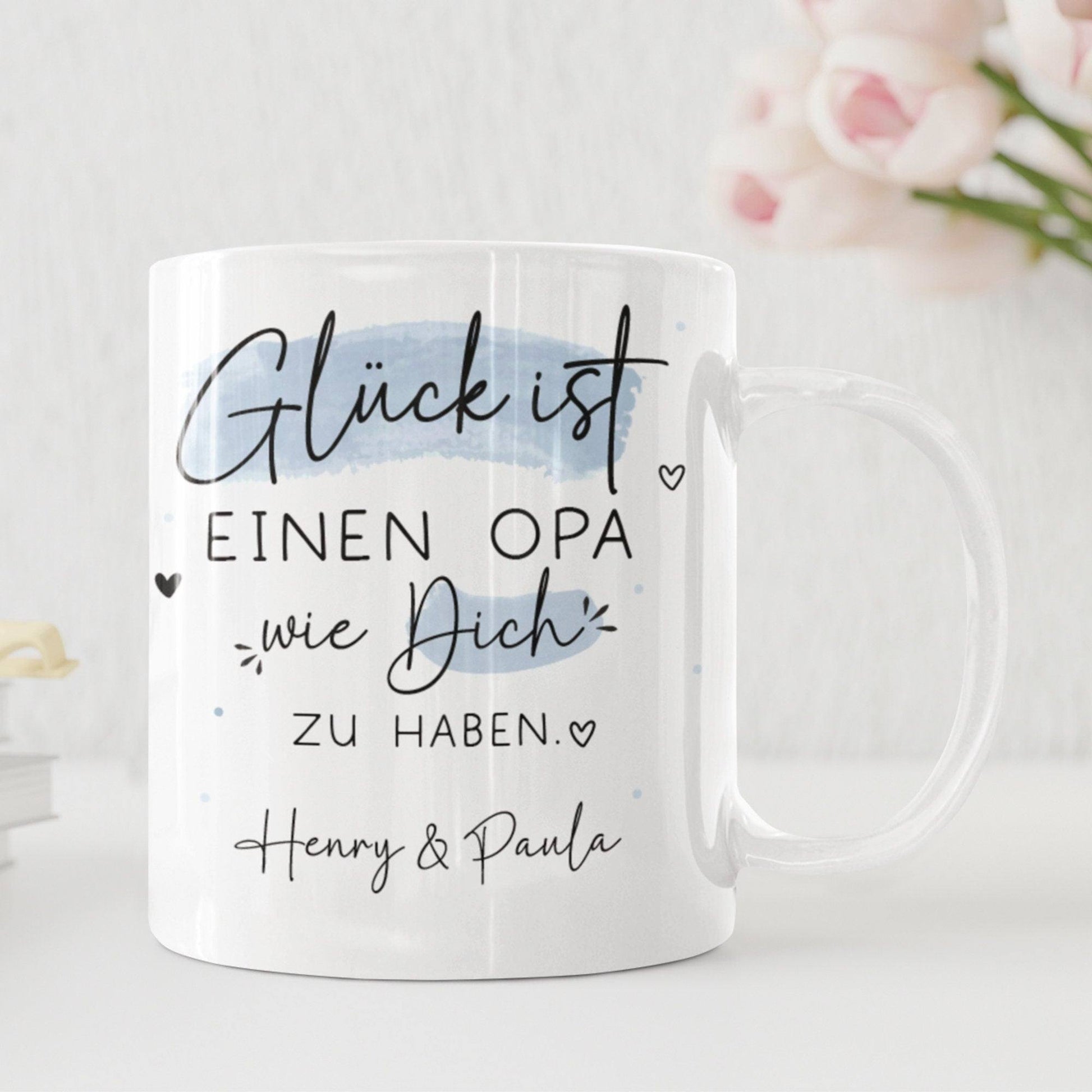 Personalisierte Tasse "Glück ist, einen Opa wie dich zu haben". Ideales Geschenk zum Geburtstag, zu Ostern, Weihnachten , für den Großvater.  kleinebuchstaben   