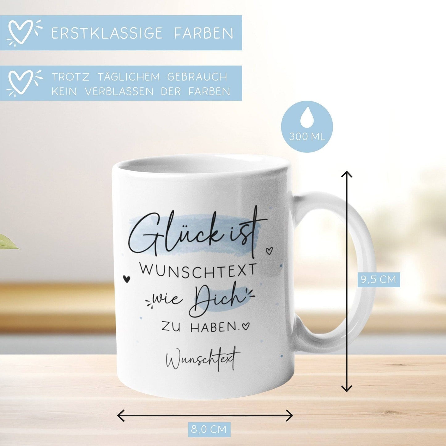 Personalisierte Tasse "Glück ist..." - Tasse komplett mit Wunschtext und Wunschname. Zum Geburtstag, Vatertag, Ostern, Weihnachten  kleinebuchstaben   