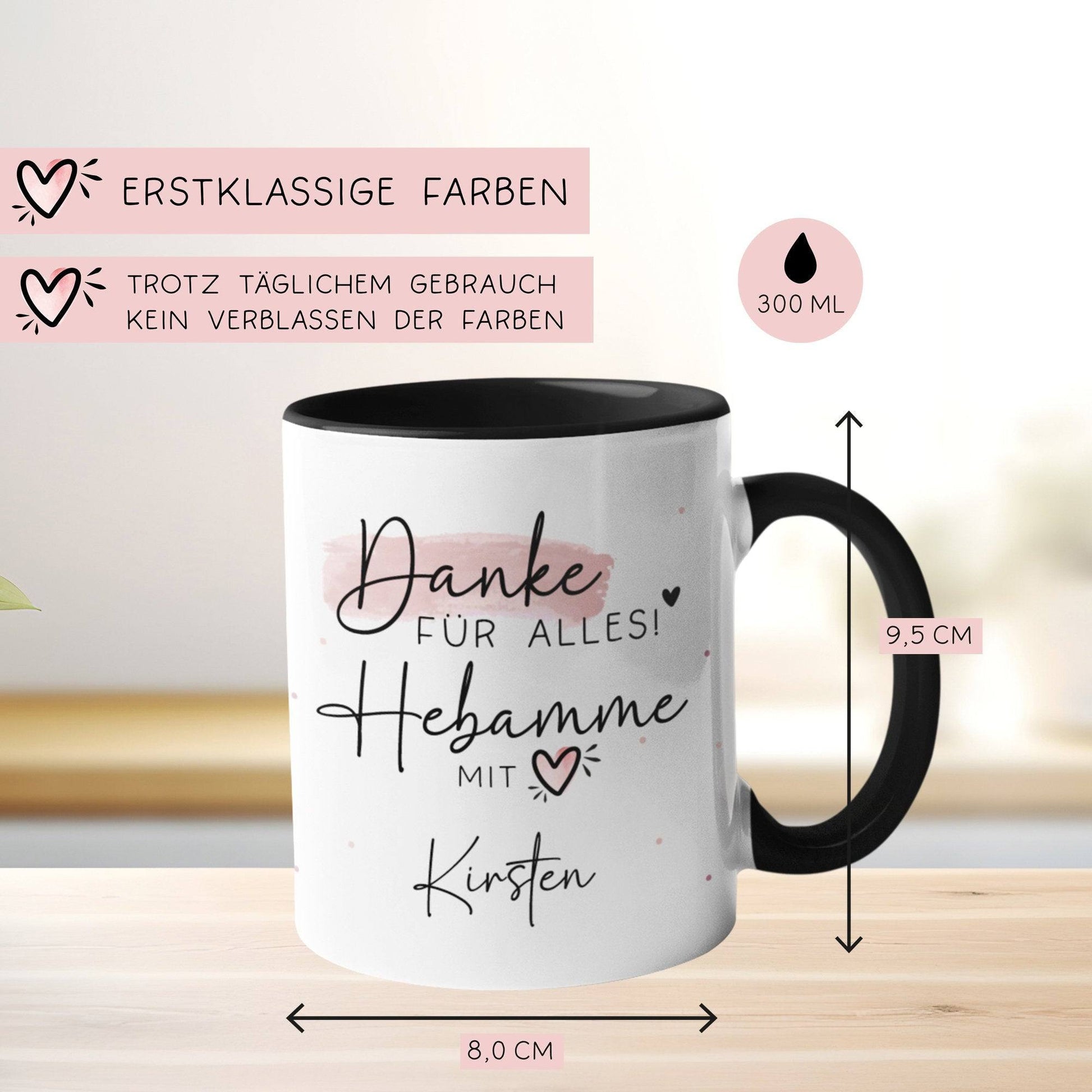 Personalisierte Tasse Hebamme mit Herz - Danke für Alles! Geschenkidee mit Wunschtext - Geschenk - Hebamme Dankeschön - Schwangerschaft  kleinebuchstaben   