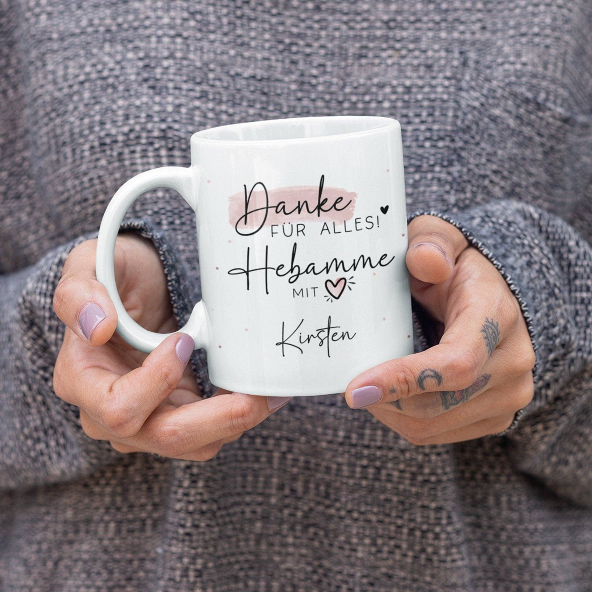 Personalisierte Tasse - Danke für Alles! Hebamme mit Herz Geschenkidee mit Wunschtext - Geschenk für Hebamme Dankeschön - Schwangerschaft  kleinebuchstaben   