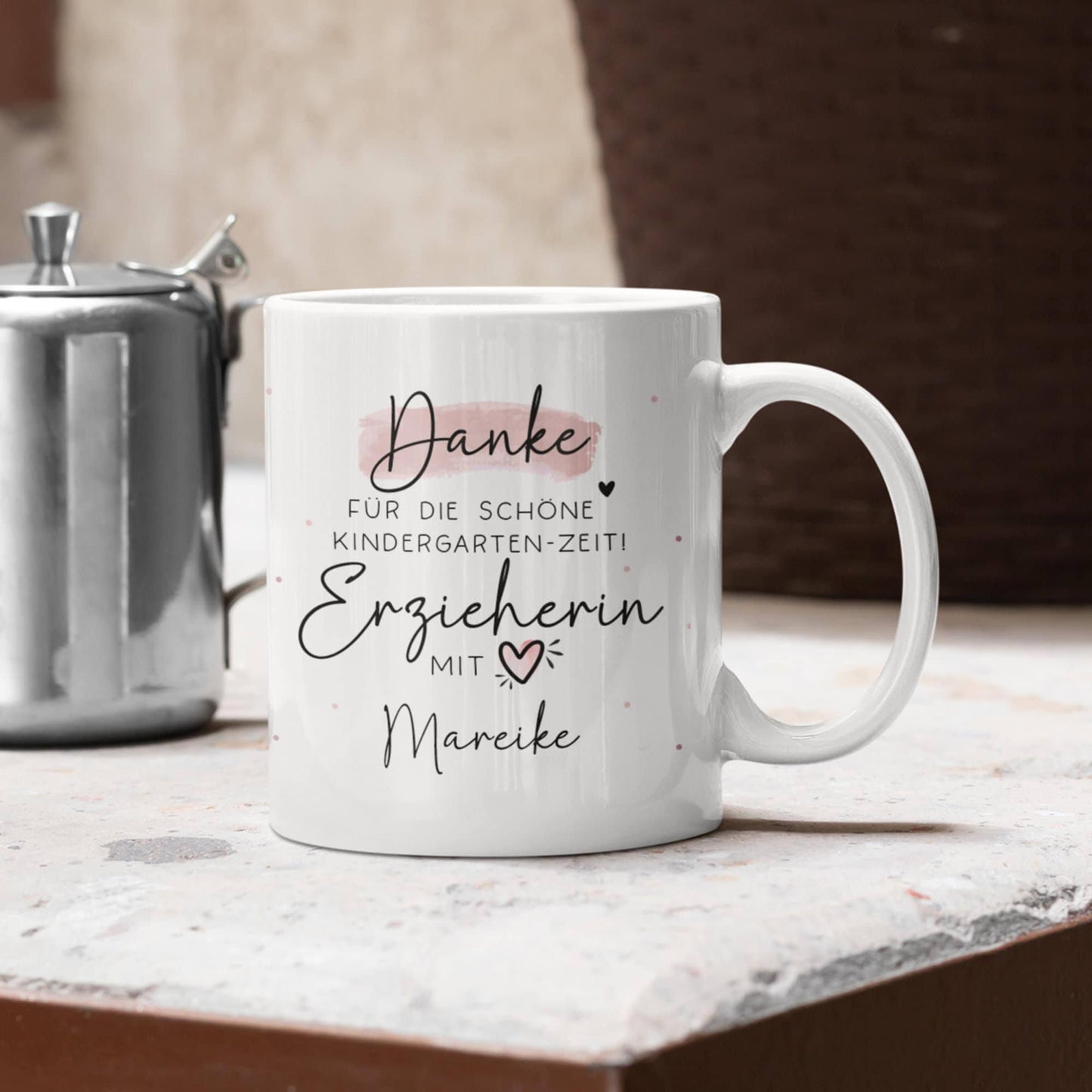 Personalisierte Tasse " Danke für die schöne Kindergarten-Zeit - Geschenk für Erzieher und Erzieherin mit Herz - Geschenke Namen KITA KIGA  kleinebuchstaben   