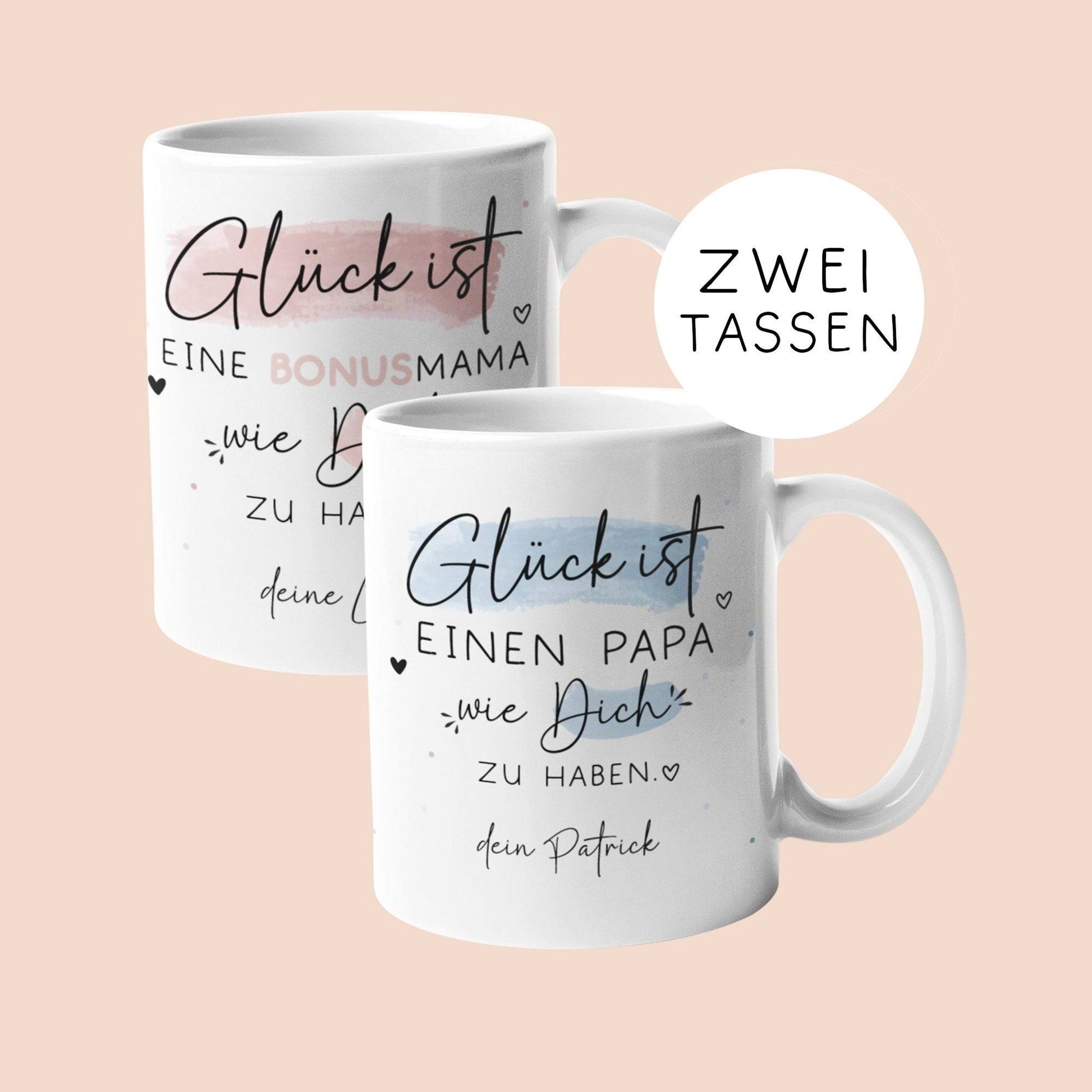 Personalisierte Tasse zum Vatertag mit Spruch "Glück ist einen Papa wie dich zu haben" Geburtstag, Geschenk, Ostern, oder Weihnachtsgeschenk  kleinebuchstaben Bonusmama + Papa  