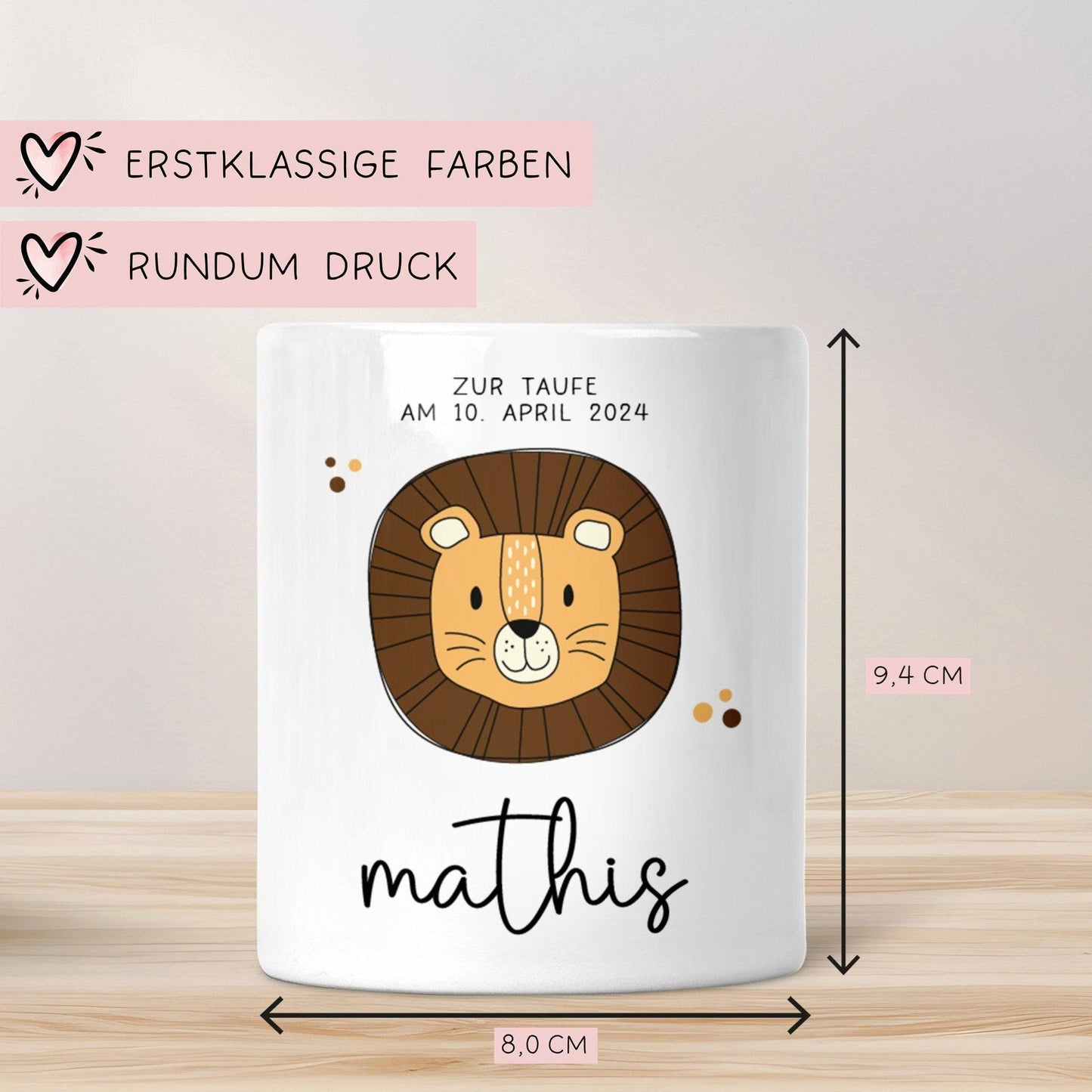 Personalisierte Spardose zur Taufe Motiv: Löwe - mit Namen personalisiert-Geschenk für Jungen & Mädchen zur Kommunion, Konfirmation, Firmung  kleinebuchstaben   