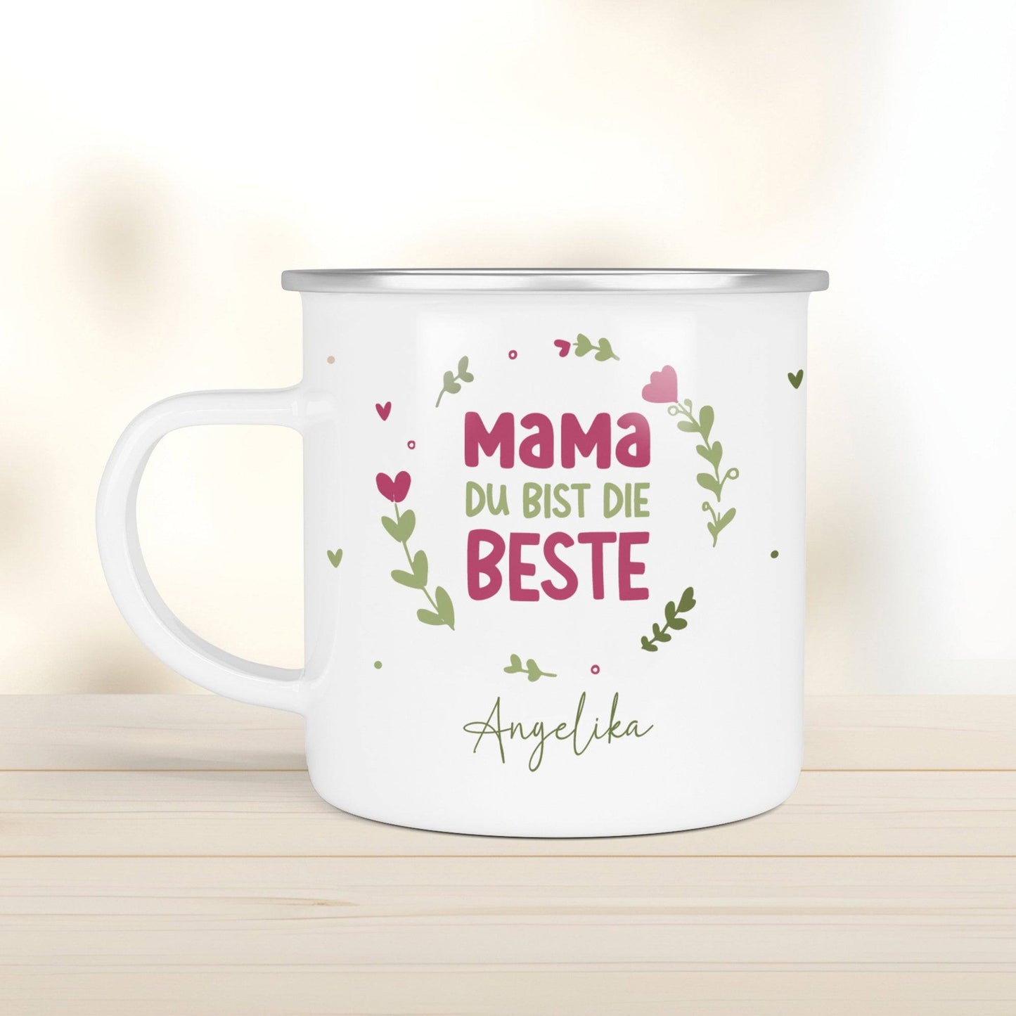 Personalisierte Emaille-Becher Tasse zum Muttertag – Mama du bist die Beste  [Wunschname]. Persönliches Geschenk zum Geburtstag, Dankeschön  kleinebuchstaben   