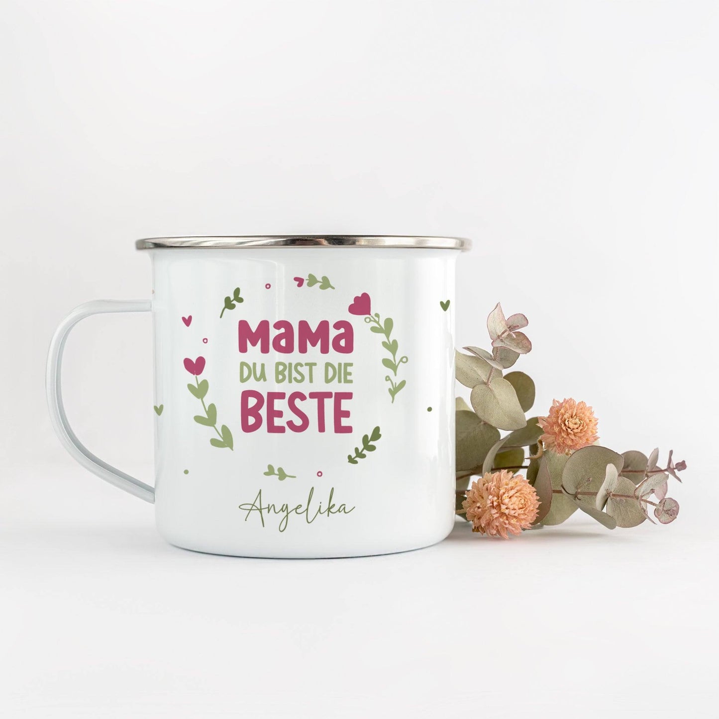 Personalisierte Emaille-Becher Tasse zum Muttertag – Mama du bist die Beste  [Wunschname]. Persönliches Geschenk zum Geburtstag, Dankeschön  kleinebuchstaben   