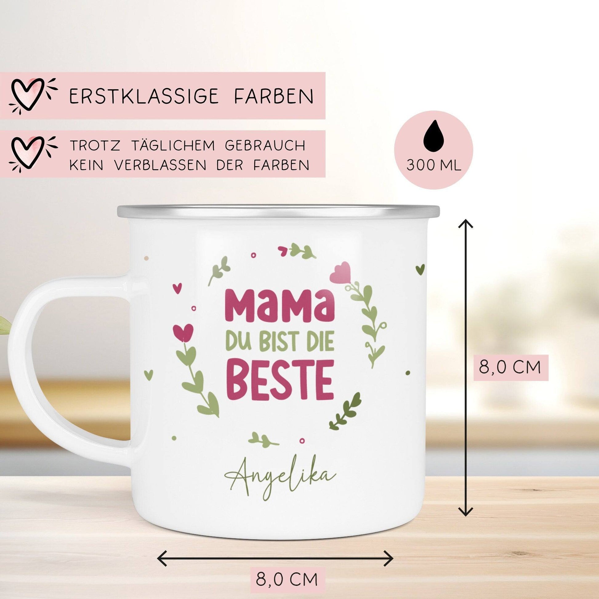 Personalisierte Emaille-Becher Tasse zum Muttertag – Mama du bist die Beste  [Wunschname]. Persönliches Geschenk zum Geburtstag, Dankeschön  kleinebuchstaben   