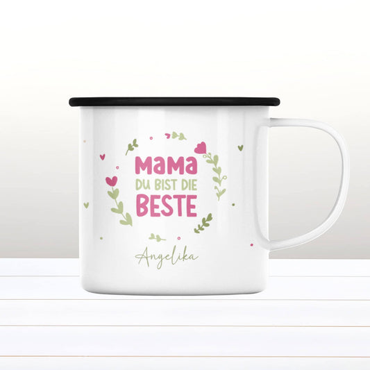 Personalisierte Emaille-Becher Tasse zum Muttertag – "Mama du bist die Beste" [Wunschname]. Persönliches Geschenk zum Geburtstag, Dankeschön.  kleinebuchstaben Emaille Schwarz Rand  