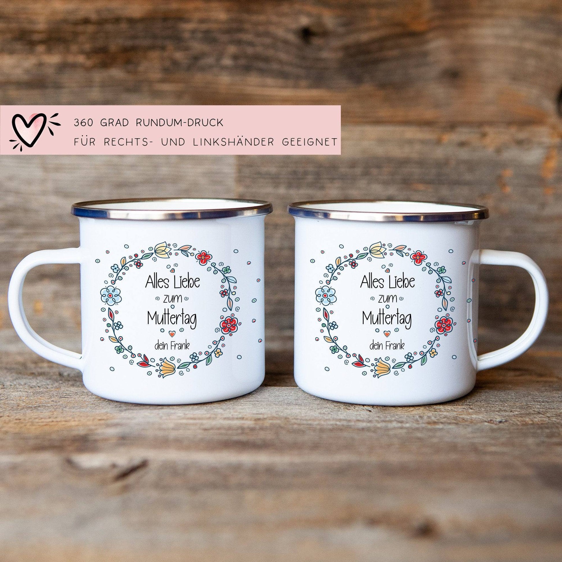 Personalisierter Emaille-Becher/Tasse: "Alles Liebe zum Muttertag" mit [Wunschname] .Ein Geschenk für Geburtstag oder Dankeschön. Blumen  kleinebuchstaben   