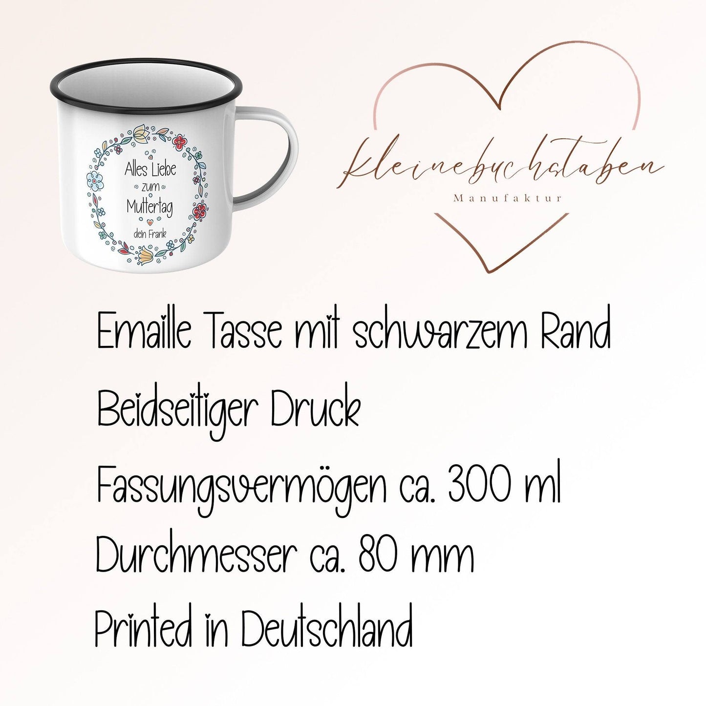 Personalisierte Emaille-Becher Tasse zum Muttertag –"Alles Liebe zum Muttertag [Wunschname]. Persönliches Geschenk zum Geburtstag,Dankeschön  kleinebuchstaben   