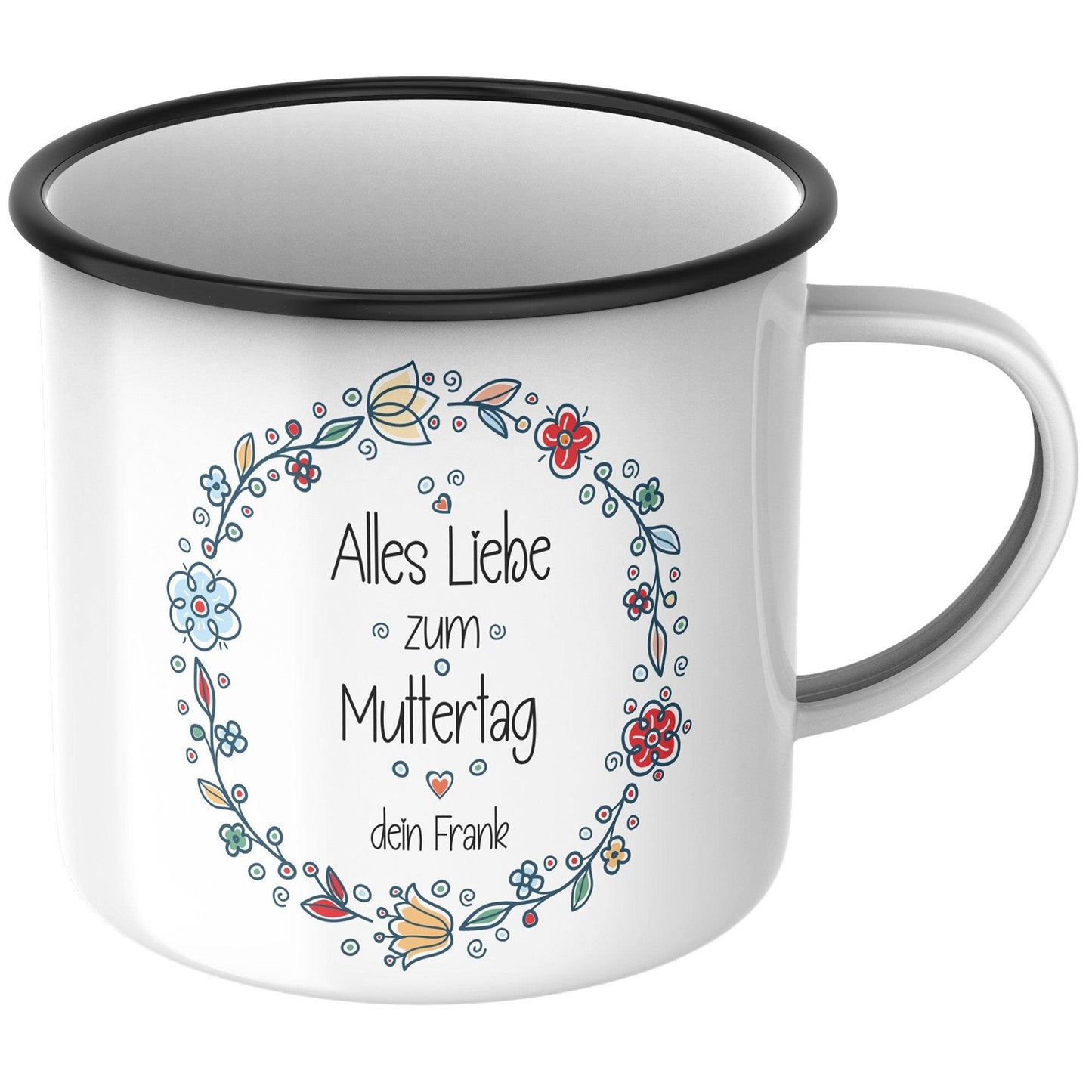 Personalisierte Emaille-Becher Tasse zum Muttertag –"Alles Liebe zum Muttertag [Wunschname]. Persönliches Geschenk zum Geburtstag,Dankeschön  kleinebuchstaben   