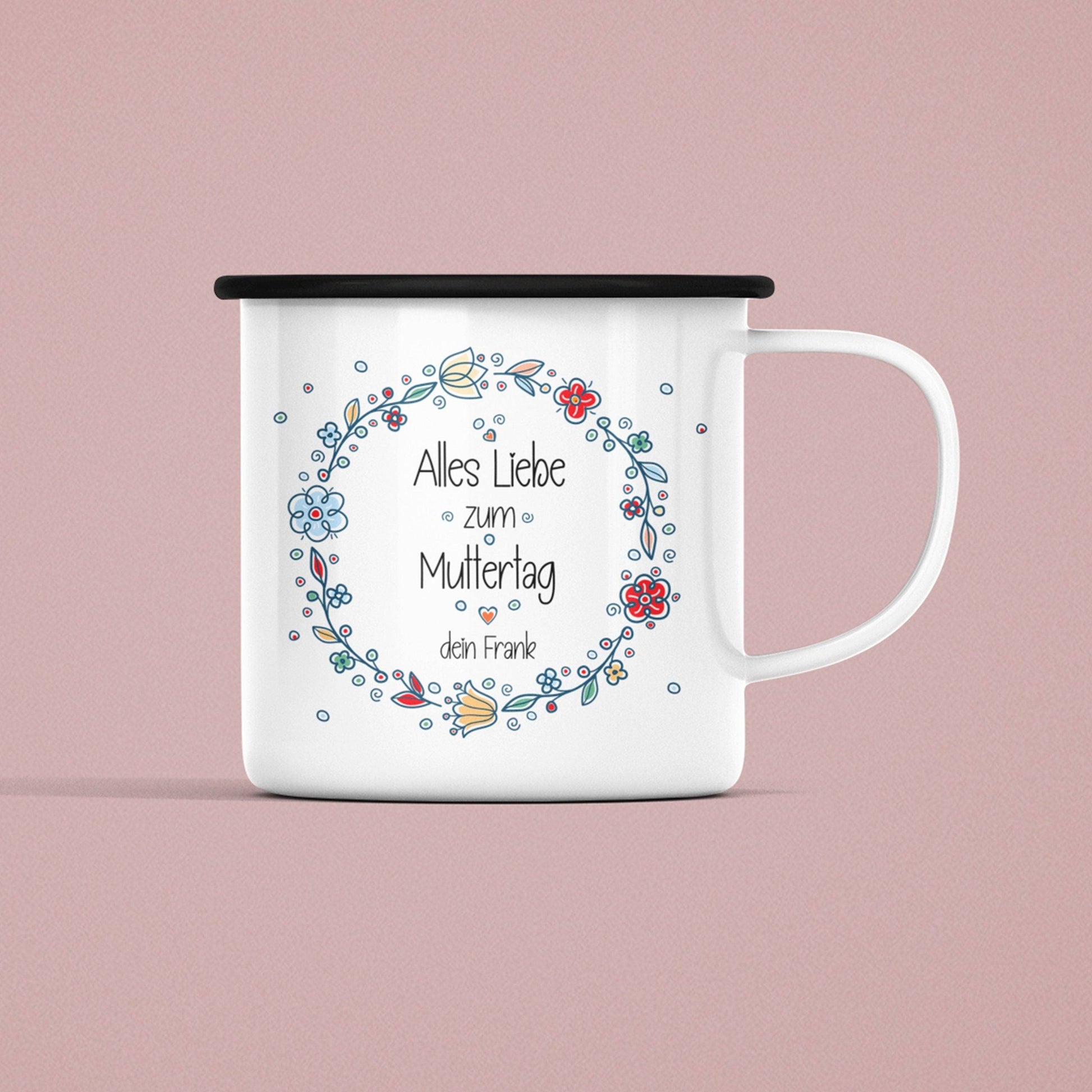 Personalisierte Emaille-Becher Tasse zum Muttertag –"Alles Liebe zum Muttertag [Wunschname]. Persönliches Geschenk zum Geburtstag,Dankeschön  kleinebuchstaben   