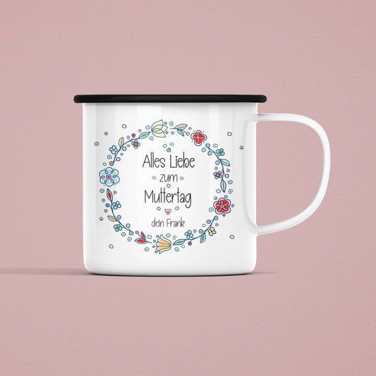 Personalisierte Emaille-Becher Tasse zum Muttertag –"Alles Liebe zum Muttertag [Wunschname]. Persönliches Geschenk zum Geburtstag,Dankeschön  kleinebuchstaben   