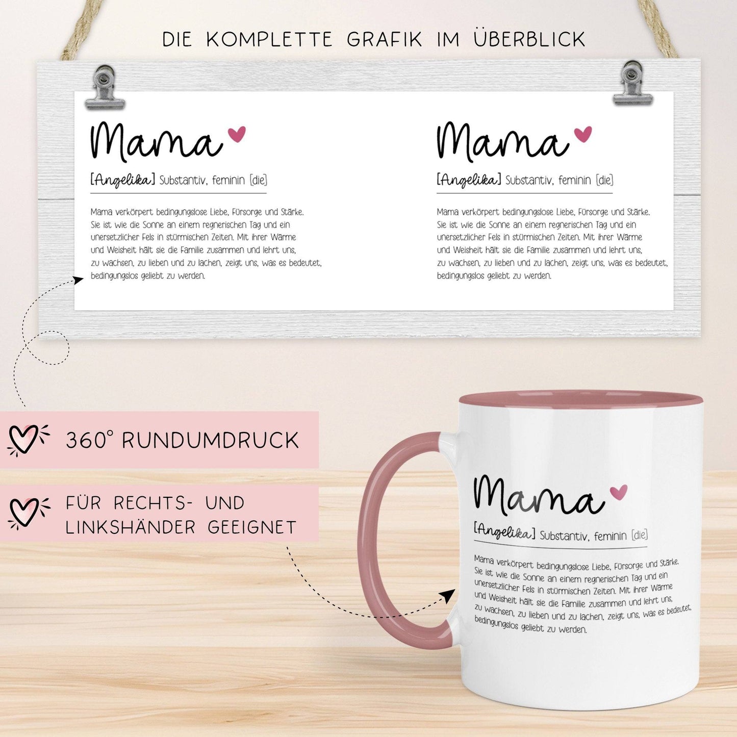 Personalisierte Tasse/Becher Geschenk Mama Muttertag mit Wunschnamen - Tasse Mama Definition Wörterbuch Duden 330 ml – Innen & Henkel - Rosa  kleinebuchstaben   