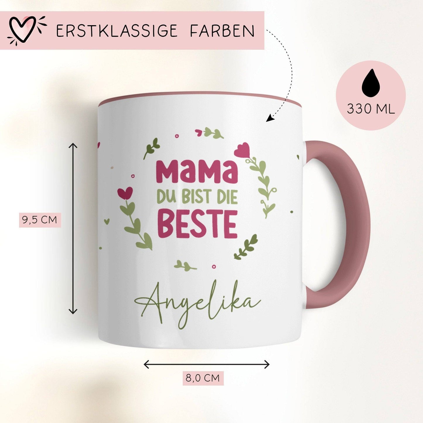 Personalisierte Muttertag Kaffee Tasse "Mama du bist die Beste [Wunschname]" – Geschenk für Geburtstag, Dankeschön und Weihnachten - Rosa  kleinebuchstaben   