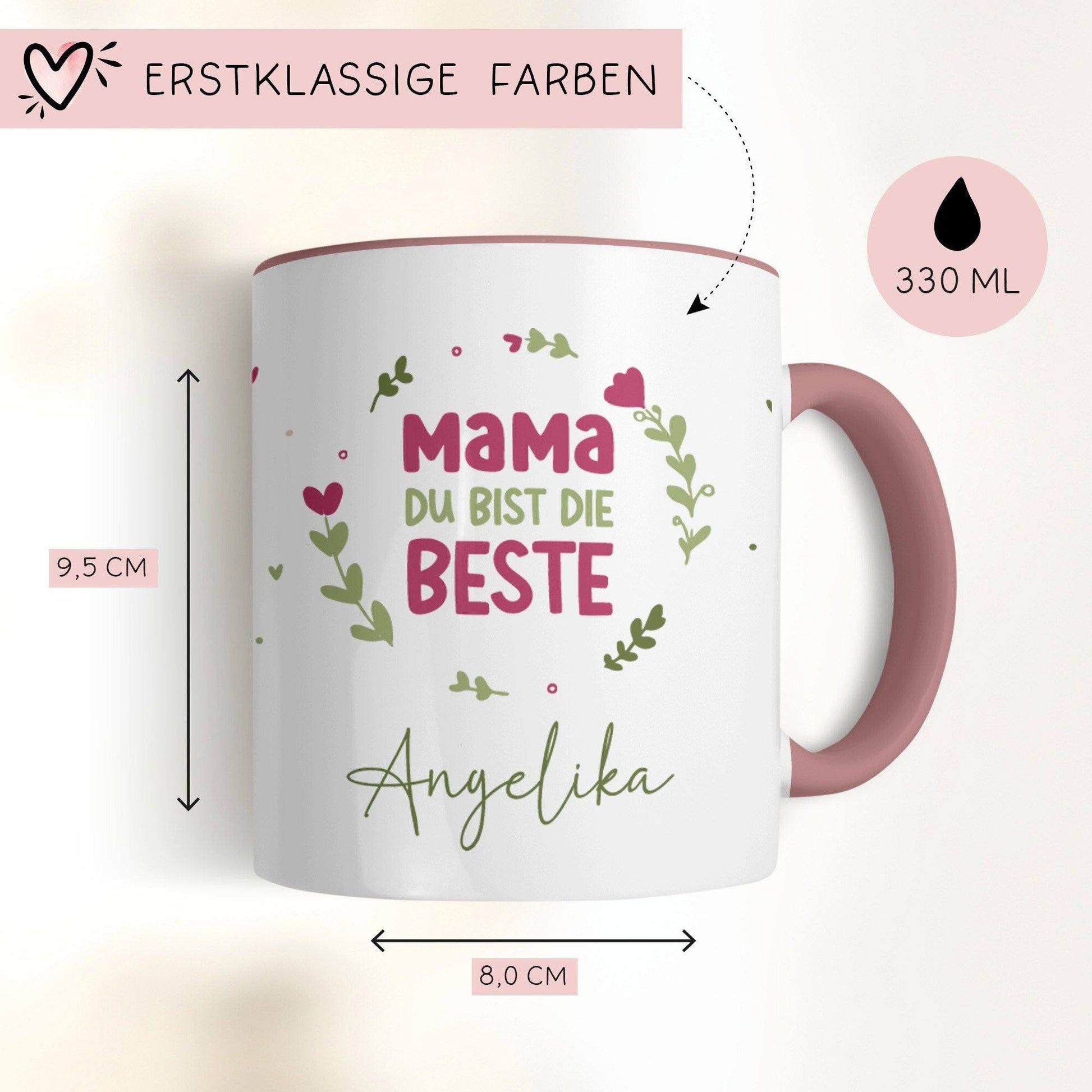 Personalisierte Muttertag Kaffee Tasse "Mama du bist die Beste [Wunschname]" – Geschenk für Geburtstag, Dankeschön und Weihnachten - Rosa  kleinebuchstaben   