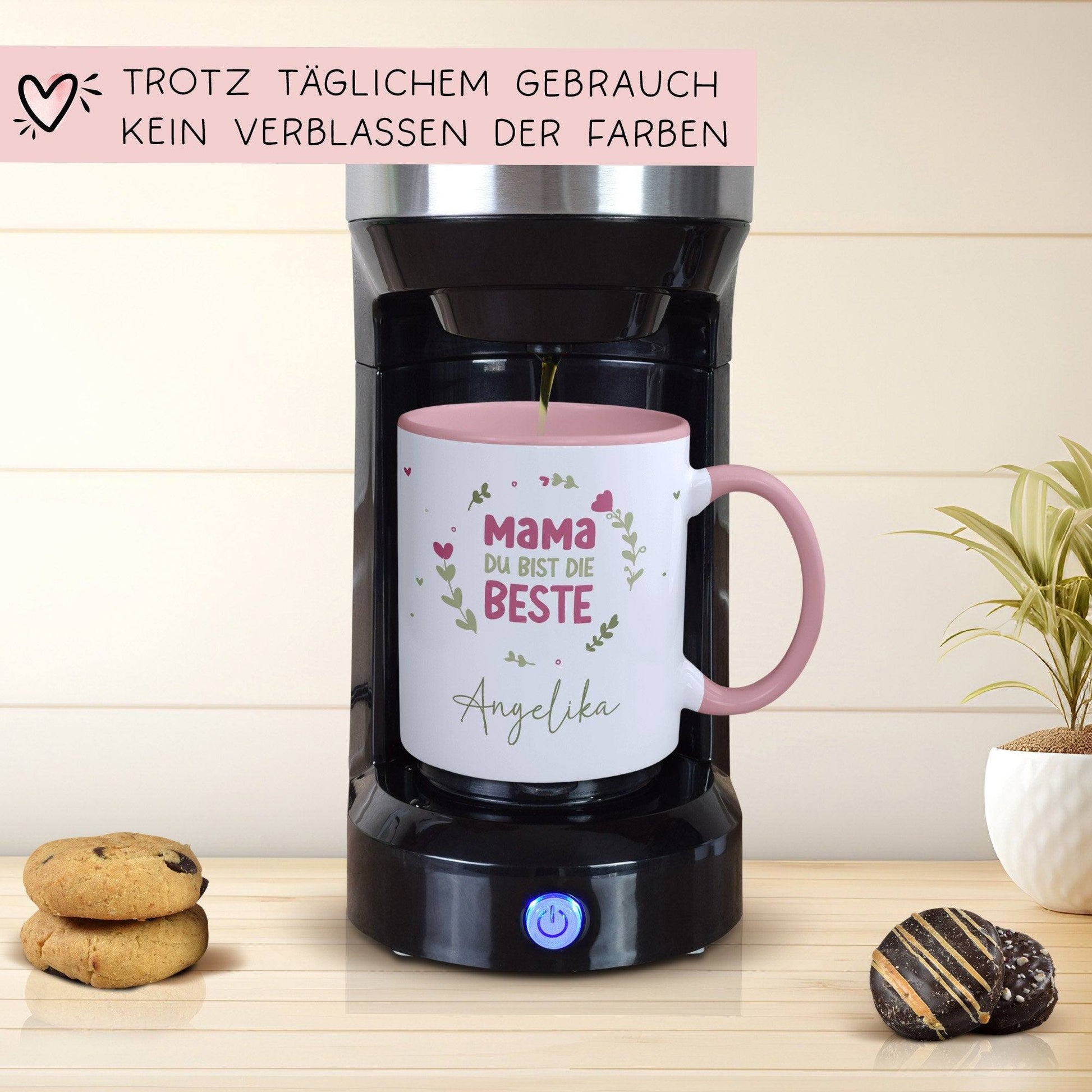 Personalisierte Muttertag Kaffee Tasse "Mama du bist die Beste [Wunschname]" – Geschenk für Geburtstag, Dankeschön und Weihnachten - Rosa  kleinebuchstaben   