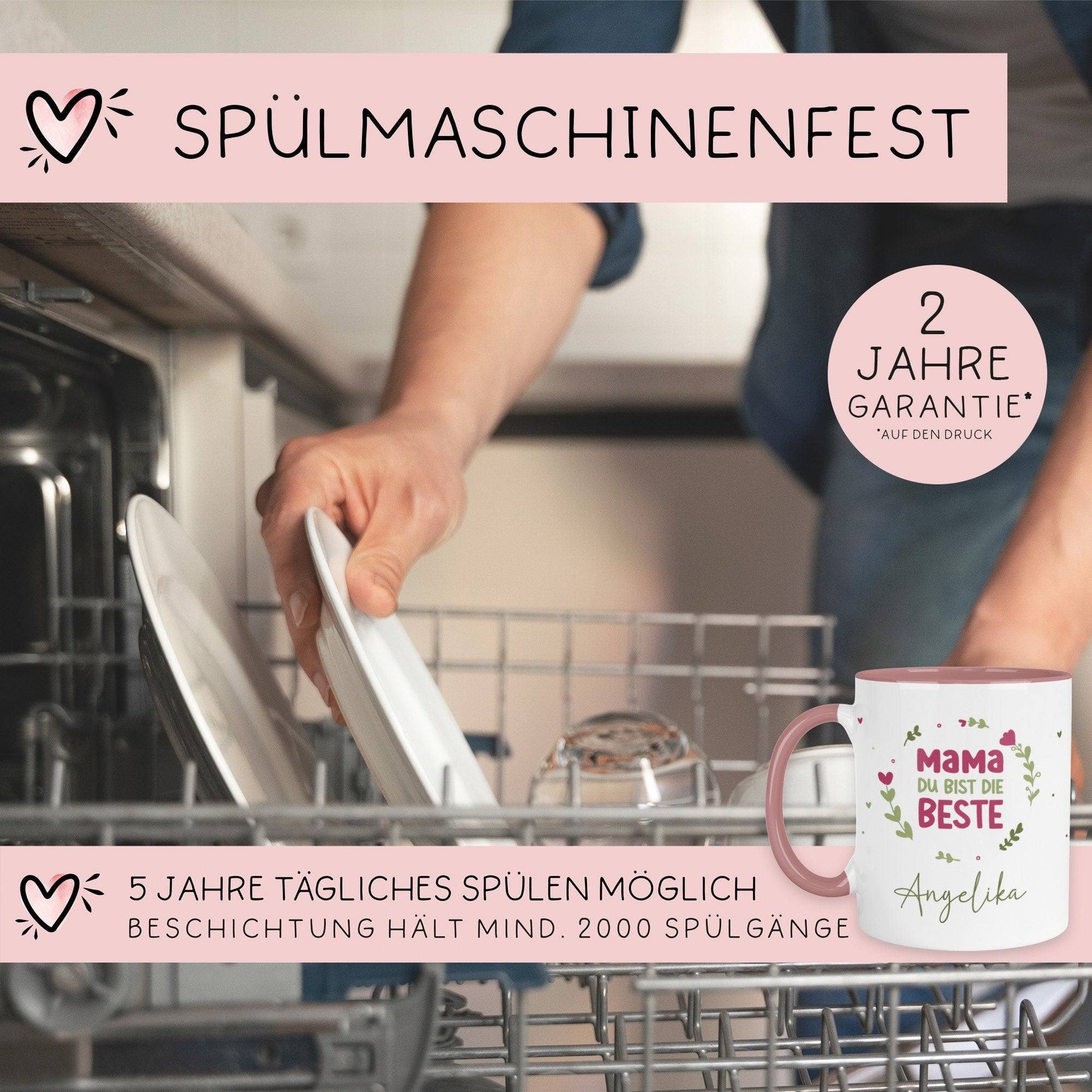 Personalisierte Muttertag Kaffee Tasse "Mama du bist die Beste [Wunschname]" – Geschenk für Geburtstag, Dankeschön und Weihnachten - Rosa  kleinebuchstaben   