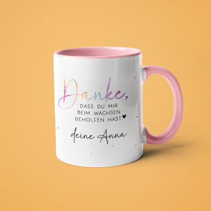 Personalisierte Tasse - Danke dass du mir beim wachsen geholfen hast - Erzieherin Tasse - Tasse Erzieherin Abschied - Wunschnamen - Geschenk  kleinebuchstaben Tasse - Rosa  