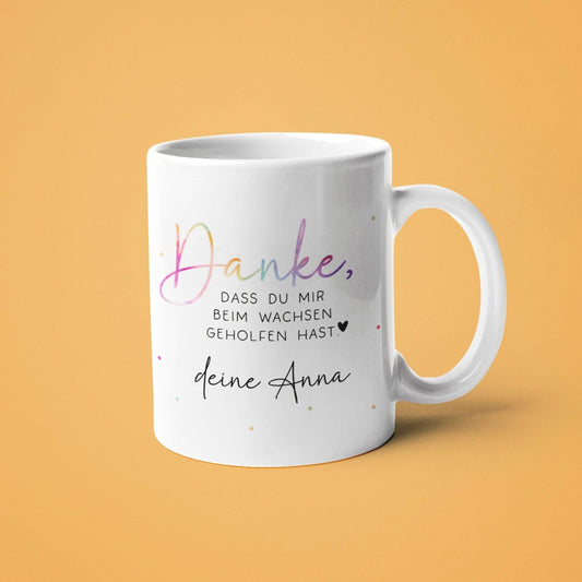 Tasse mit Wunschnamen - Danke dass du mir beim wachsen geholfen hast - Kindergarten Abschied - Tasse Erzieherin - Personalisiert - Geschenk  kleinebuchstaben Tasse - Weiß  