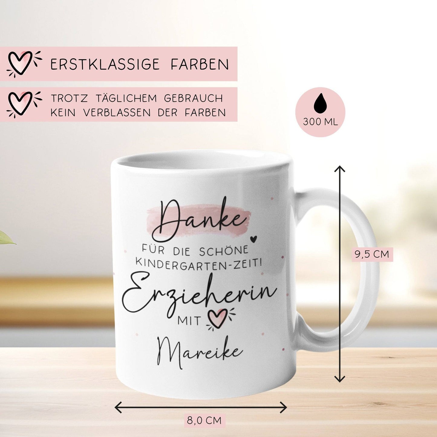 Personalisierte Tasse " Danke für die schöne Kindergarten-Zeit - Geschenk für Erzieher und Erzieherin mit Herz - Geschenke Namen KITA KIGA  kleinebuchstaben   