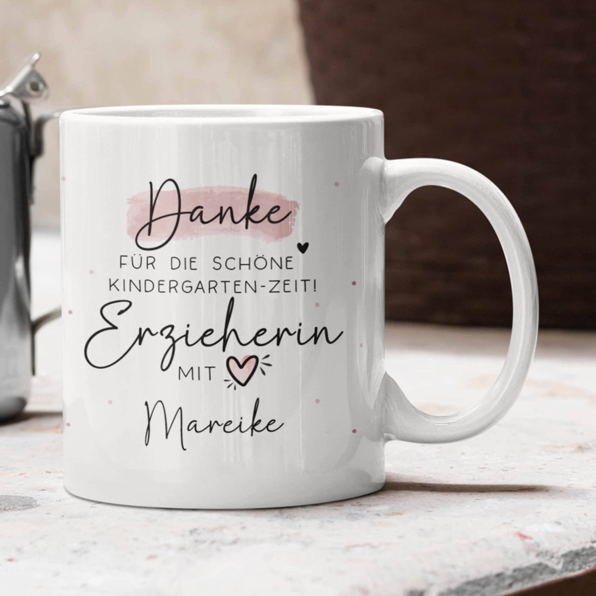 Personalisierte Tasse " Danke für die schöne Kindergarten-Zeit - Geschenk für Erzieher und Erzieherin mit Herz - Geschenke Namen KITA KIGA  kleinebuchstaben   