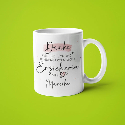 Personalisierte Tasse " Danke für die schöne Kindergarten-Zeit - Geschenk für Erzieher und Erzieherin mit Herz - Geschenke Namen KITA KIGA  kleinebuchstaben   