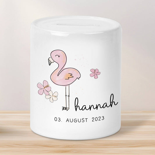 Personalisierte Spardose Flamingo Tier Design -mit Namen personalisiert -Geschenk für Jungen & Mädchen zum Geburtstag -Für Kinder zum sparen  kleinebuchstaben   