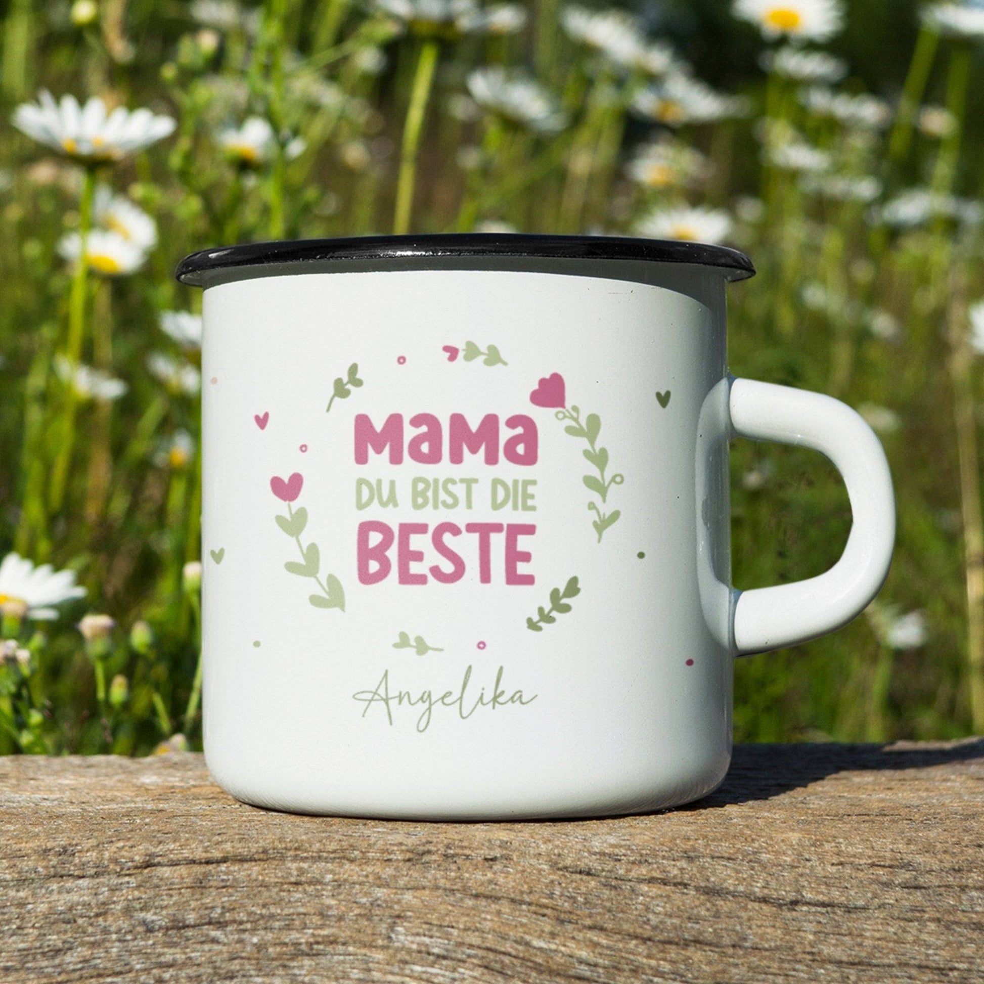 Personalisierter Emaille-Becher/Tasse zum Muttertag: "Mama, du bist die Beste" mit [Wunschname].Ein Geschenk für Geburtstag oder Dankeschön.  kleinebuchstaben   