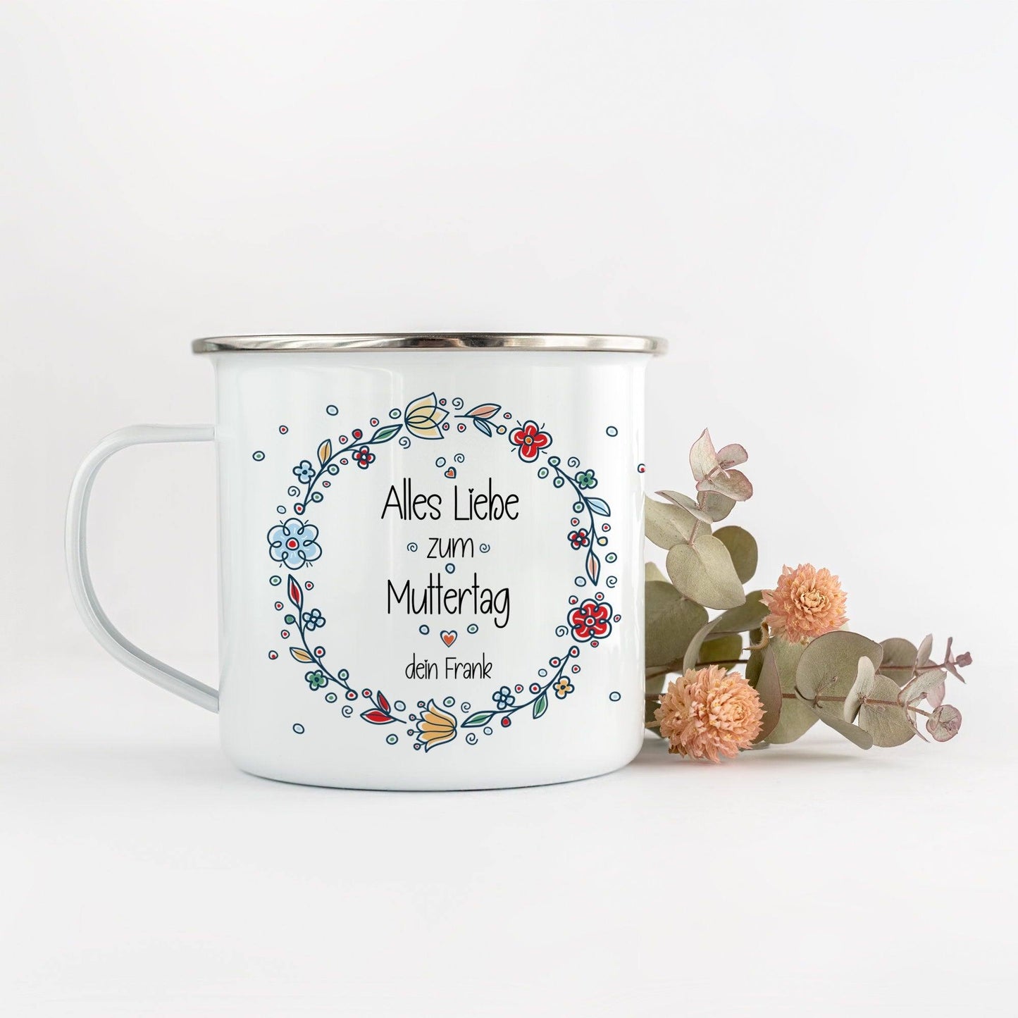 Personalisierter Emaille-Becher/Tasse: "Alles Liebe zum Muttertag" mit [Wunschname] .Ein Geschenk für Geburtstag oder Dankeschön. Blumen  kleinebuchstaben   