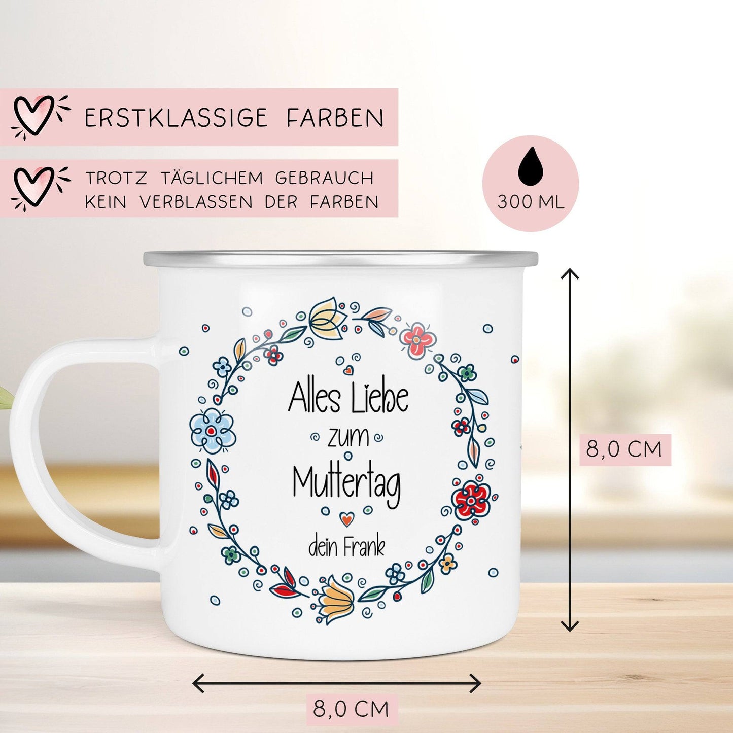 Personalisierter Emaille-Becher/Tasse: "Alles Liebe zum Muttertag" mit [Wunschname] .Ein Geschenk für Geburtstag oder Dankeschön. Blumen  kleinebuchstaben   