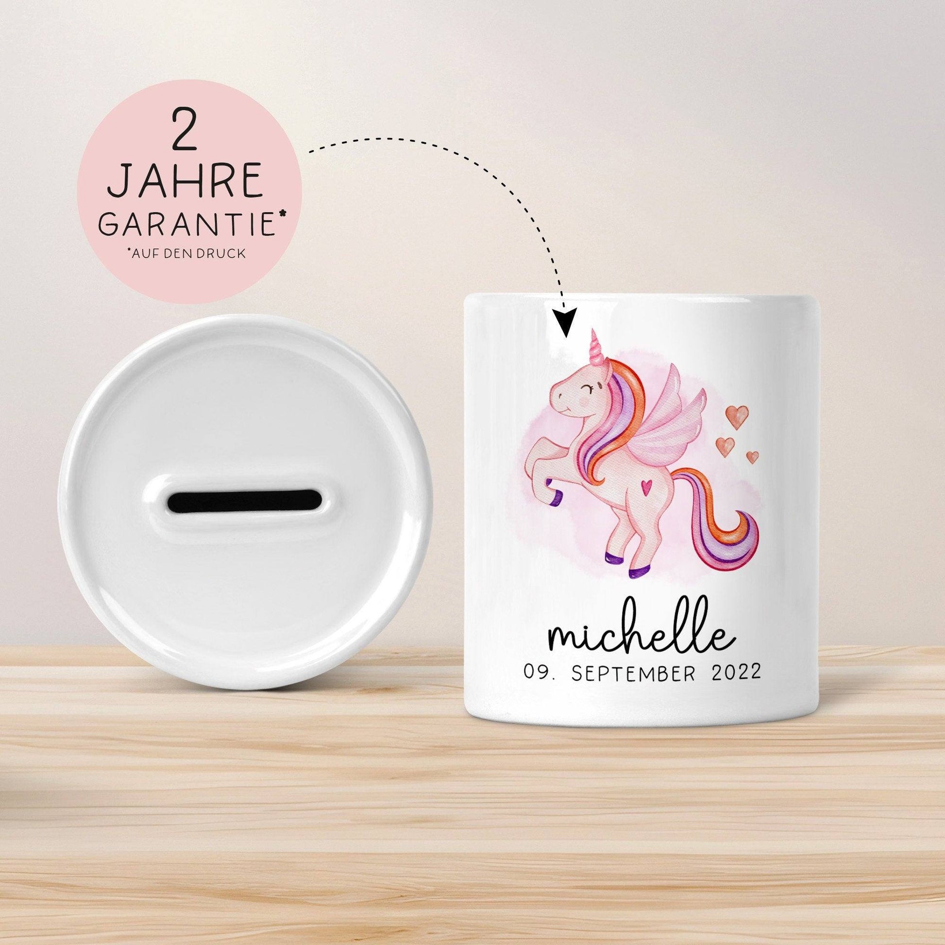 Spardose Einhorn Name Personalisiert für Mädchen zum Geburtstag, Taufe Kommunion Firmung Konfirmation, Weihnachten - Keramik - Wunschnamen  kleinebuchstaben   