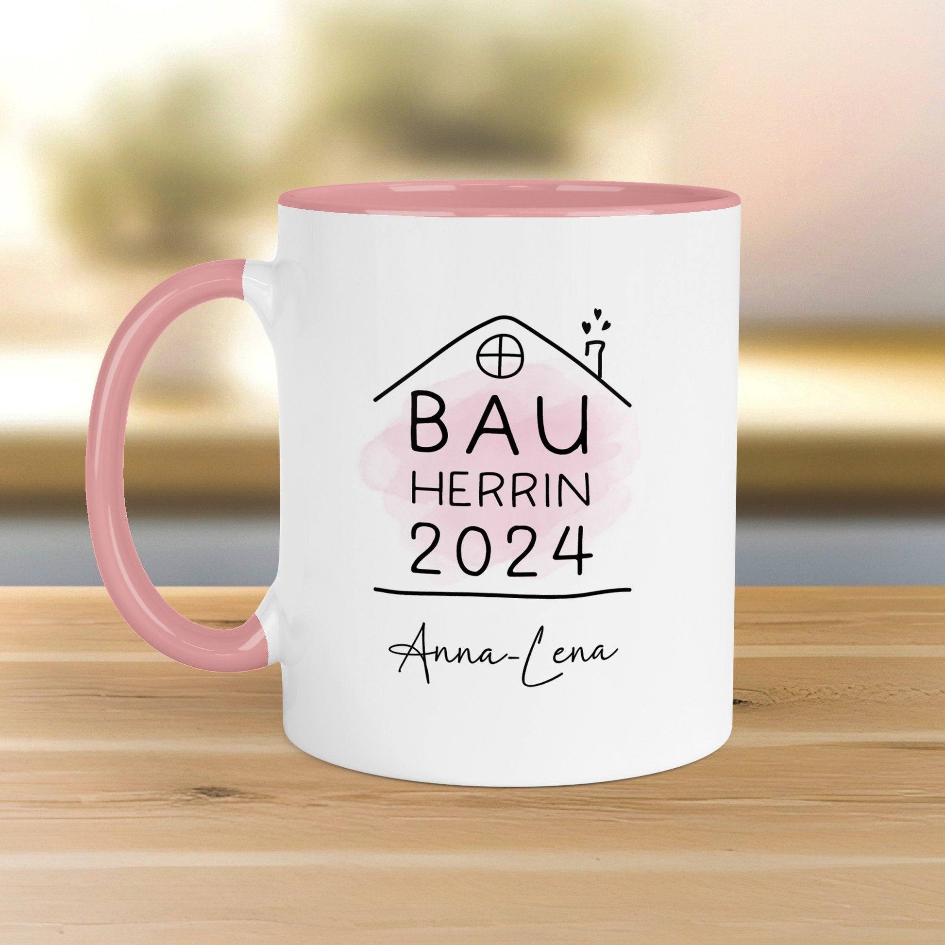 Bauherrin Bauherr Tasse 2024 Name, Richtfest Geschenk, Becher Geschenke zum Richtfest, Geschenkideen zum Hausbau Einweihung Hausbauer -330ml  kleinebuchstaben Bauherrin - Rosa mit Namen 