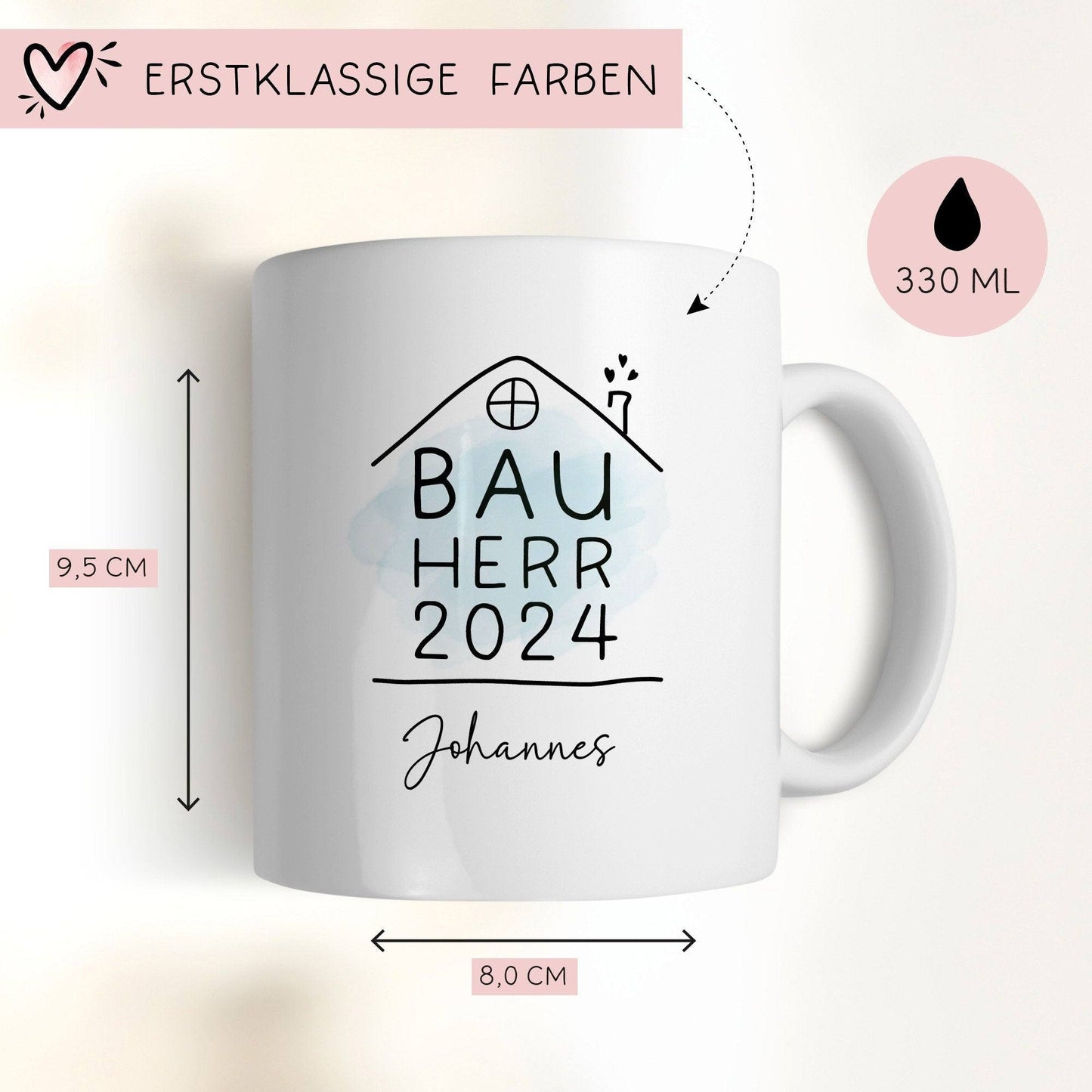 Bauherr Tasse 2024 Name, Richtfest Geschenk, Becher Geschenke zum Richtfest, Geschenkideen zum Hausbau Einweihung Hausbauer -330ml  kleinebuchstaben   