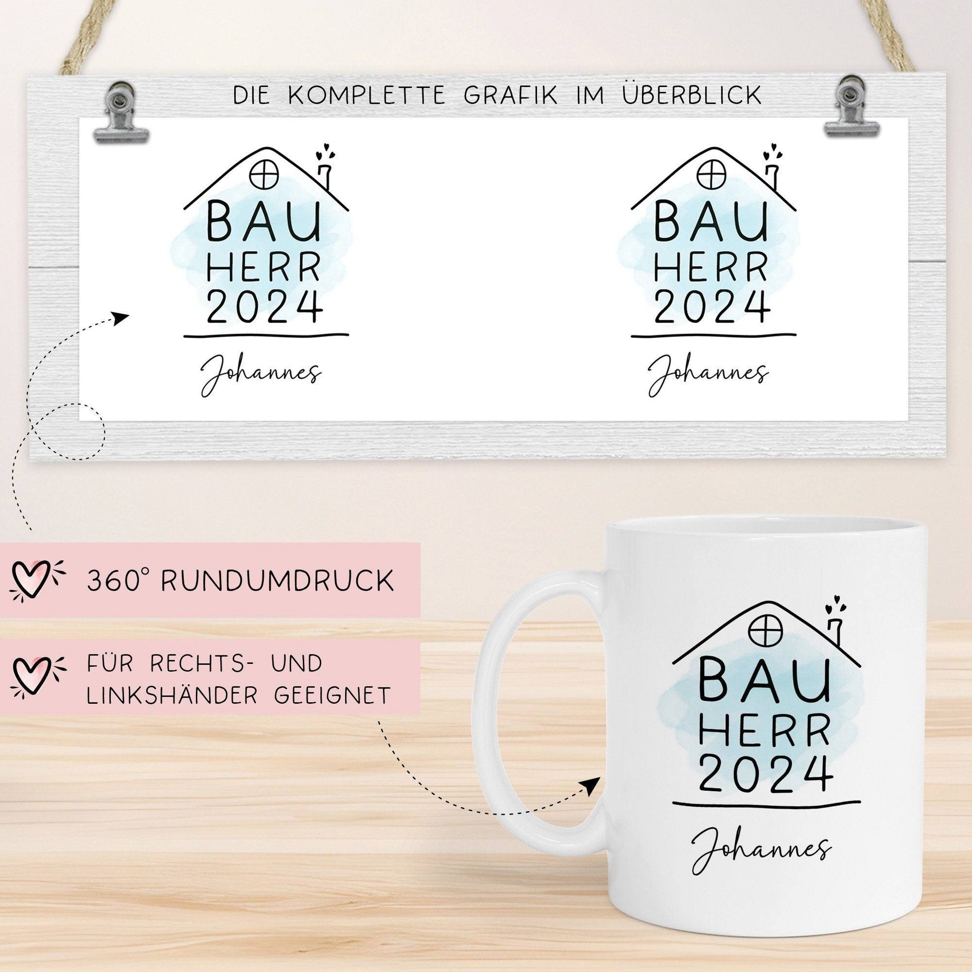 Bauherr Tasse 2024 Name, Richtfest Geschenk, Becher Geschenke zum Richtfest, Geschenkideen zum Hausbau Einweihung Hausbauer -330ml  kleinebuchstaben   